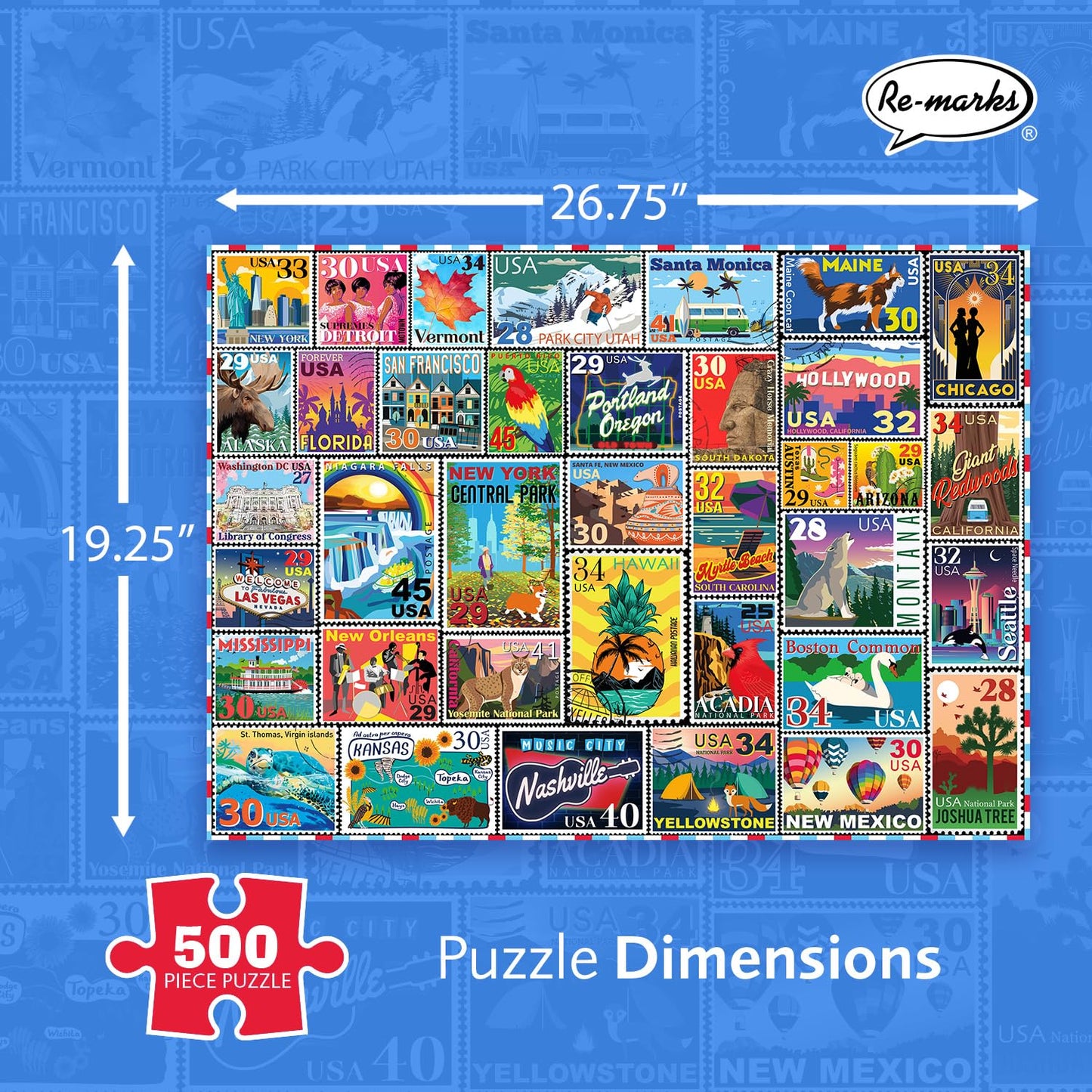 Re-marks Letters Home Stamp Collage Puzzle, 500-Piece Jigsaw Puzzle for All Ages