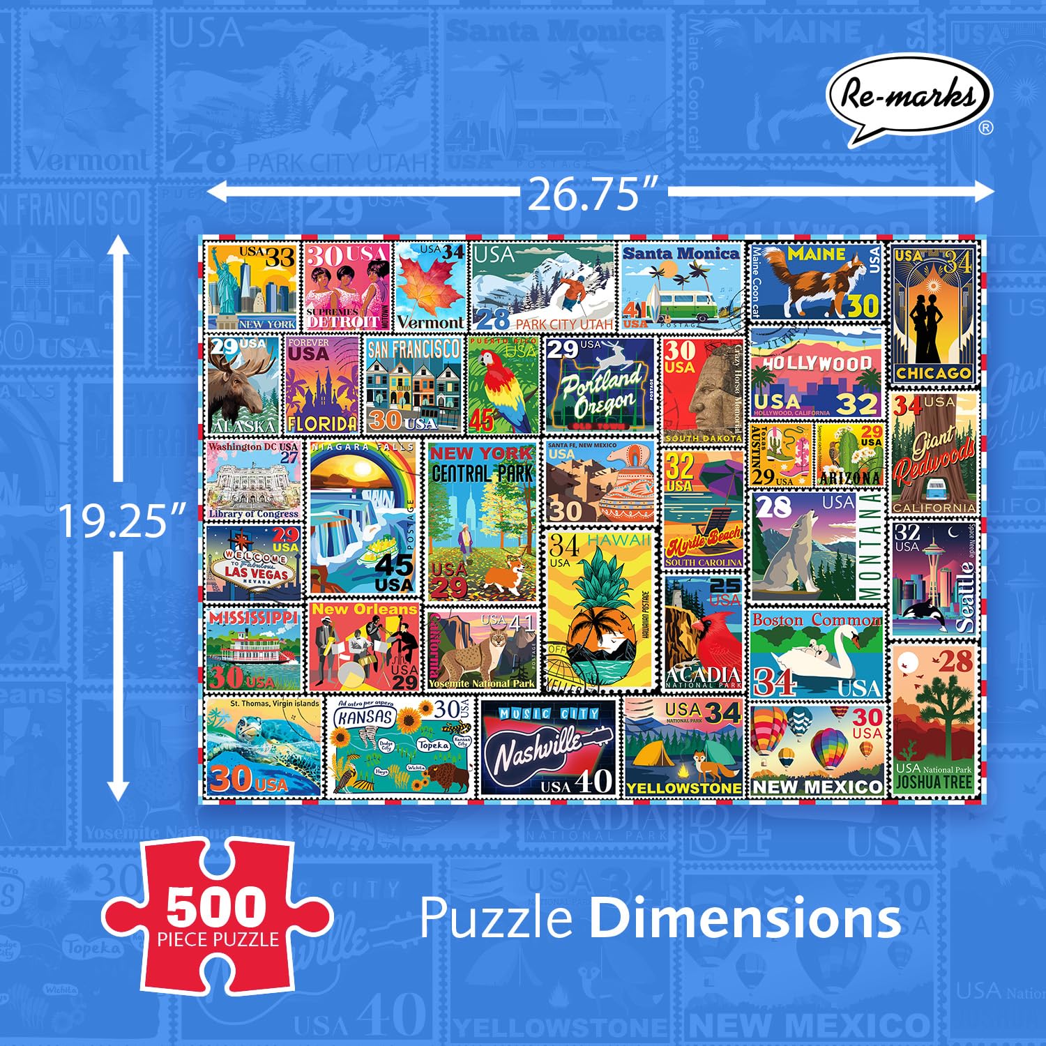 Re-marks Letters Home Stamp Collage Puzzle, 500-Piece Jigsaw Puzzle for All Ages