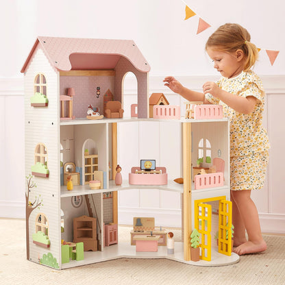 OOOK Wooden Dollhouse with 60 Pcs Luxurious Furniture Accessories, Including 4 Dolls and 2 Pets, Large 3-Story Doll House with 6 Rooms, Doll House