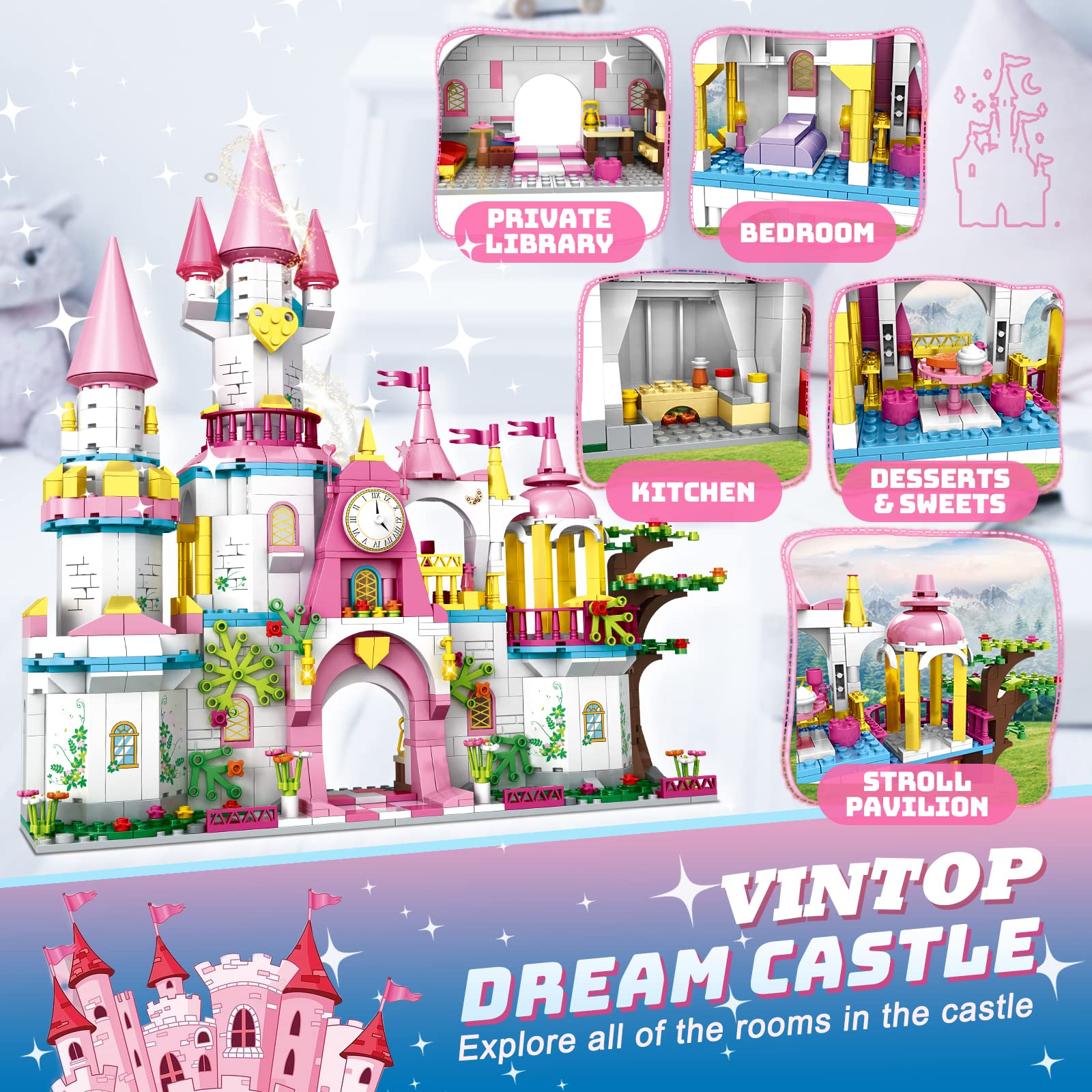 Castle STEM Building Toys for Girls Ages 6 7 8 9 10 11 12 Years Old, VINTOP Building Sets for Girl Boys, 1000PCS Pink Princess Castle Carriage
