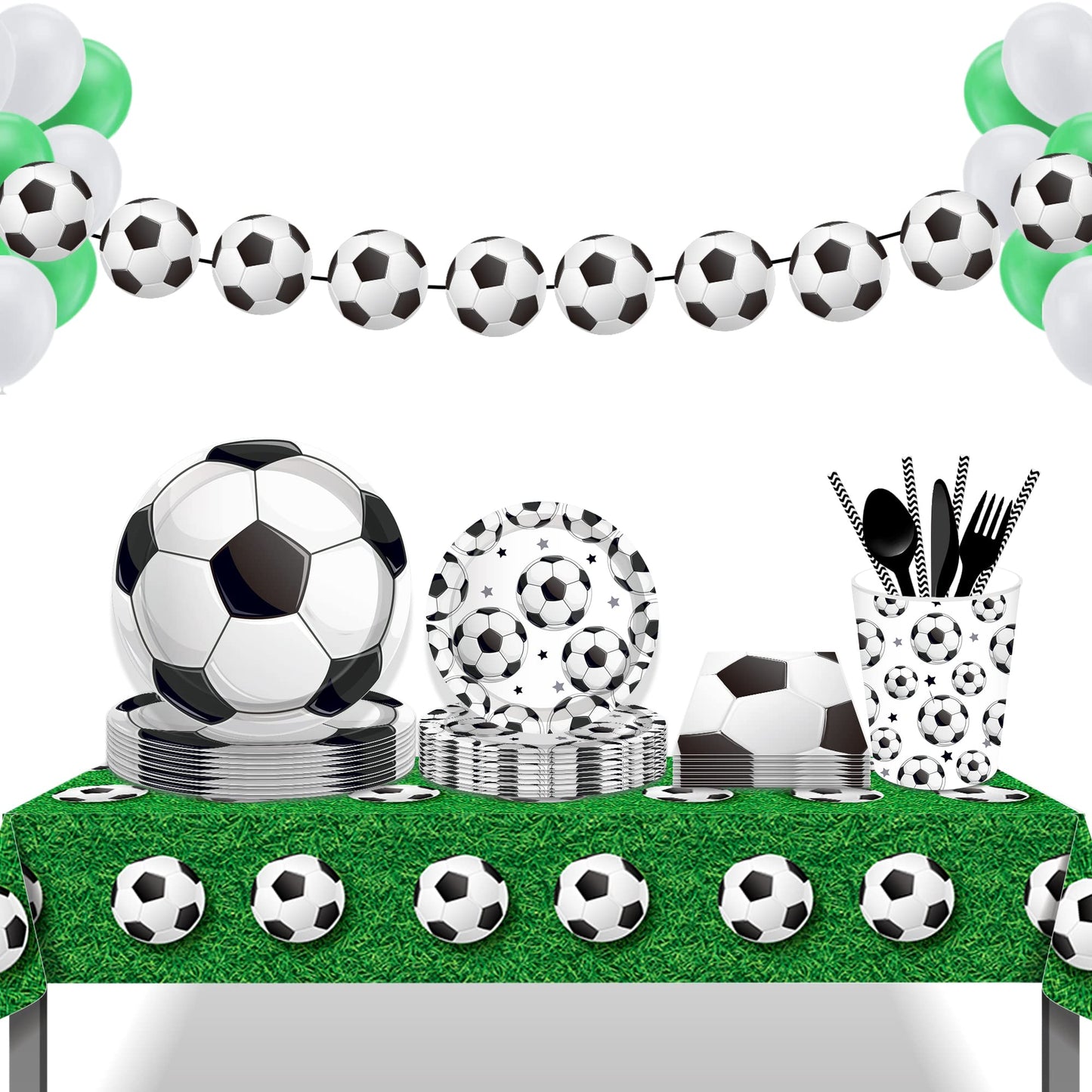 2 Pcs Football Soccer Field Theme Table Cover ,Vibrant Green Grass with Soccer Ball Pattern, Water Resistant Plastic Tablecloth for Sports Bar Events