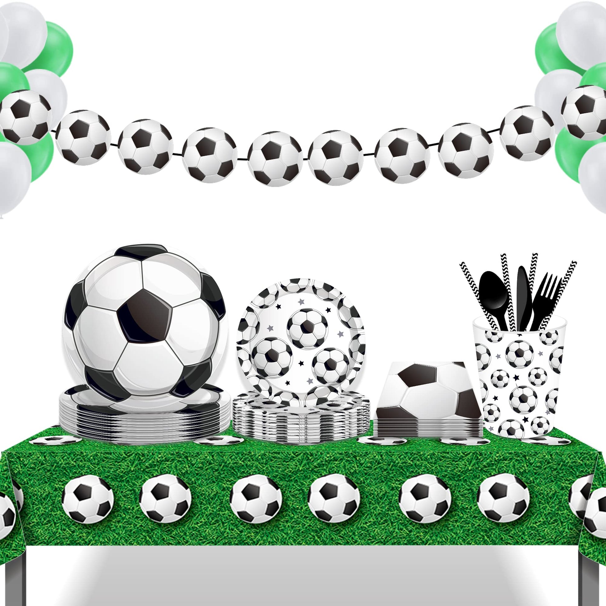 2 Pcs Football Soccer Field Theme Table Cover ,Vibrant Green Grass with Soccer Ball Pattern, Water Resistant Plastic Tablecloth for Sports Bar Events