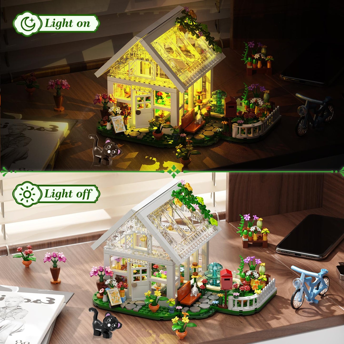 BUILDIFY Flower House Building Set with LED Light, Creative Greenhouse Building Toy Kits, Garden House City Street View Playset, Christmas Birthday