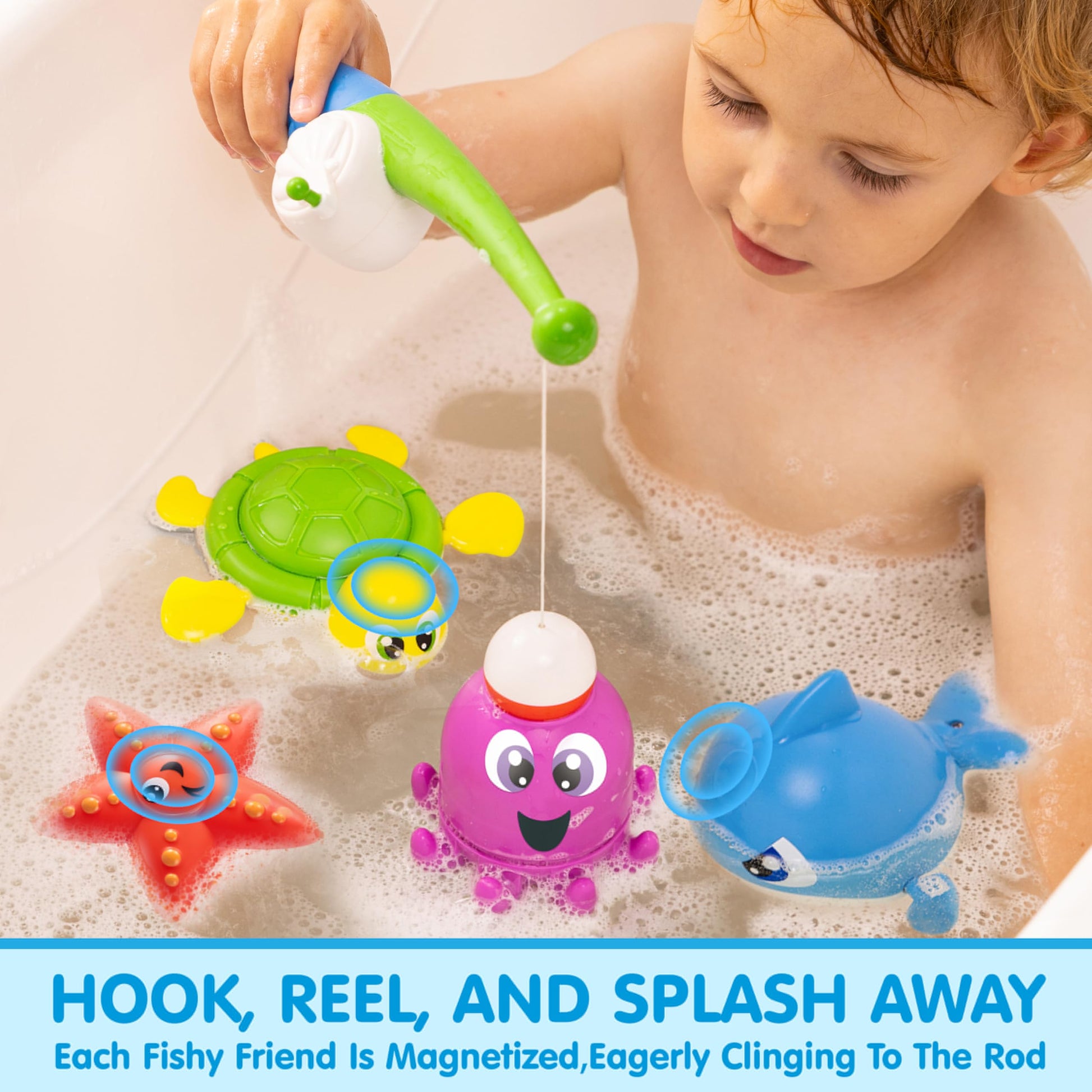 JOYIN Bath Fishing Toy Set for Toddlers - Magnetic Toy with Fishing Rod, Spinning Octopus and Starfish, Wind-up Shark and Turtle - Sensory Development