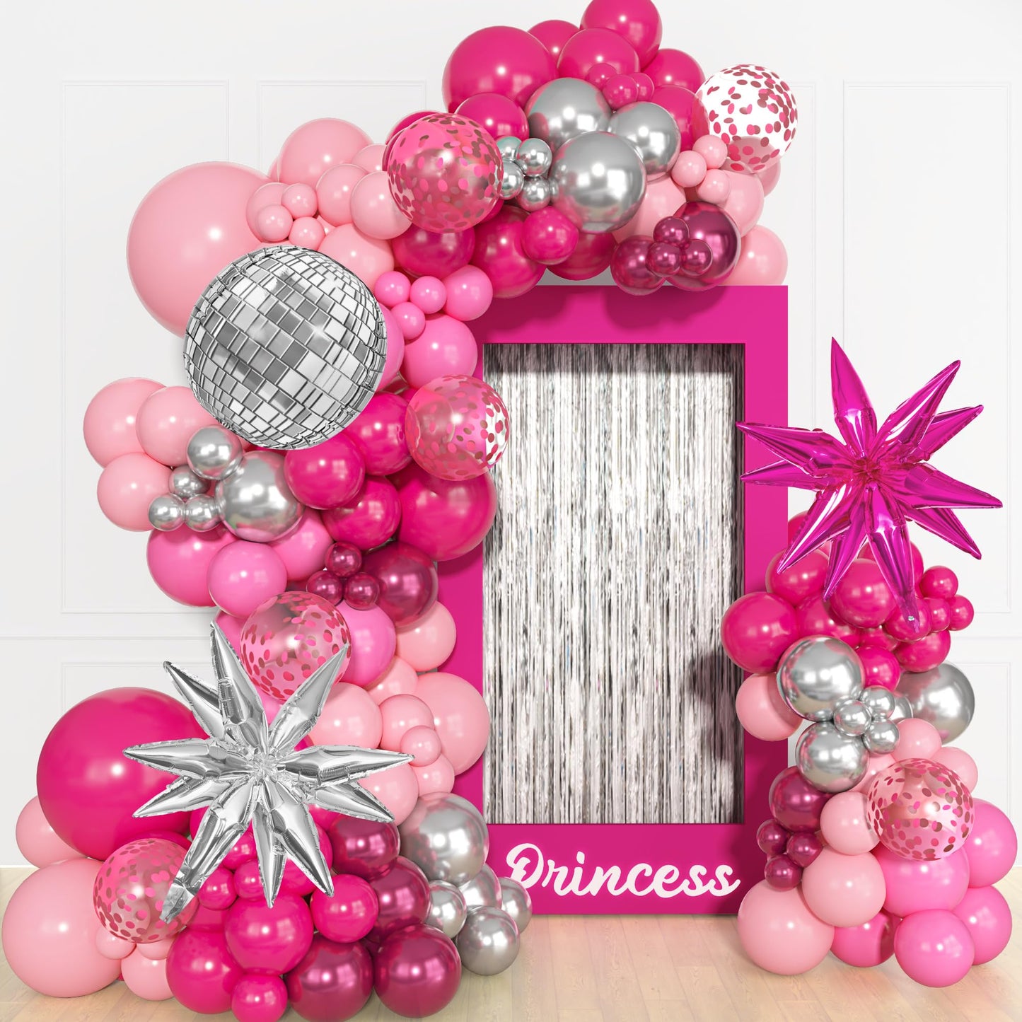 143Pcs Princess Pink and Silver Valentines Balloon Garland Arch Kit, Hot Pink Confetti 4D Star Disco Ball Crown Balloons for Girls Women Bridal Baby