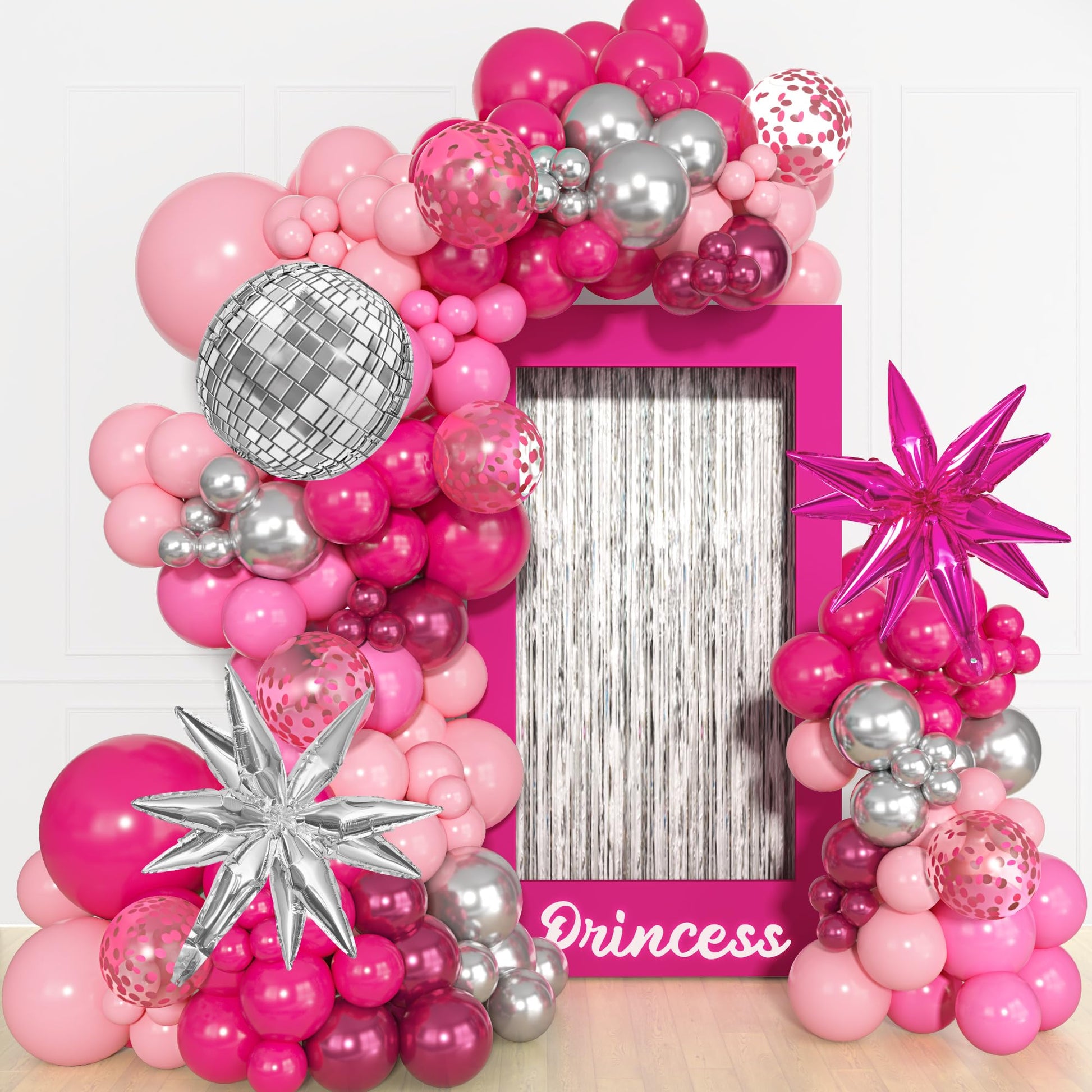 143Pcs Princess Pink and Silver Valentines Balloon Garland Arch Kit, Hot Pink Confetti 4D Star Disco Ball Crown Balloons for Girls Women Bridal Baby