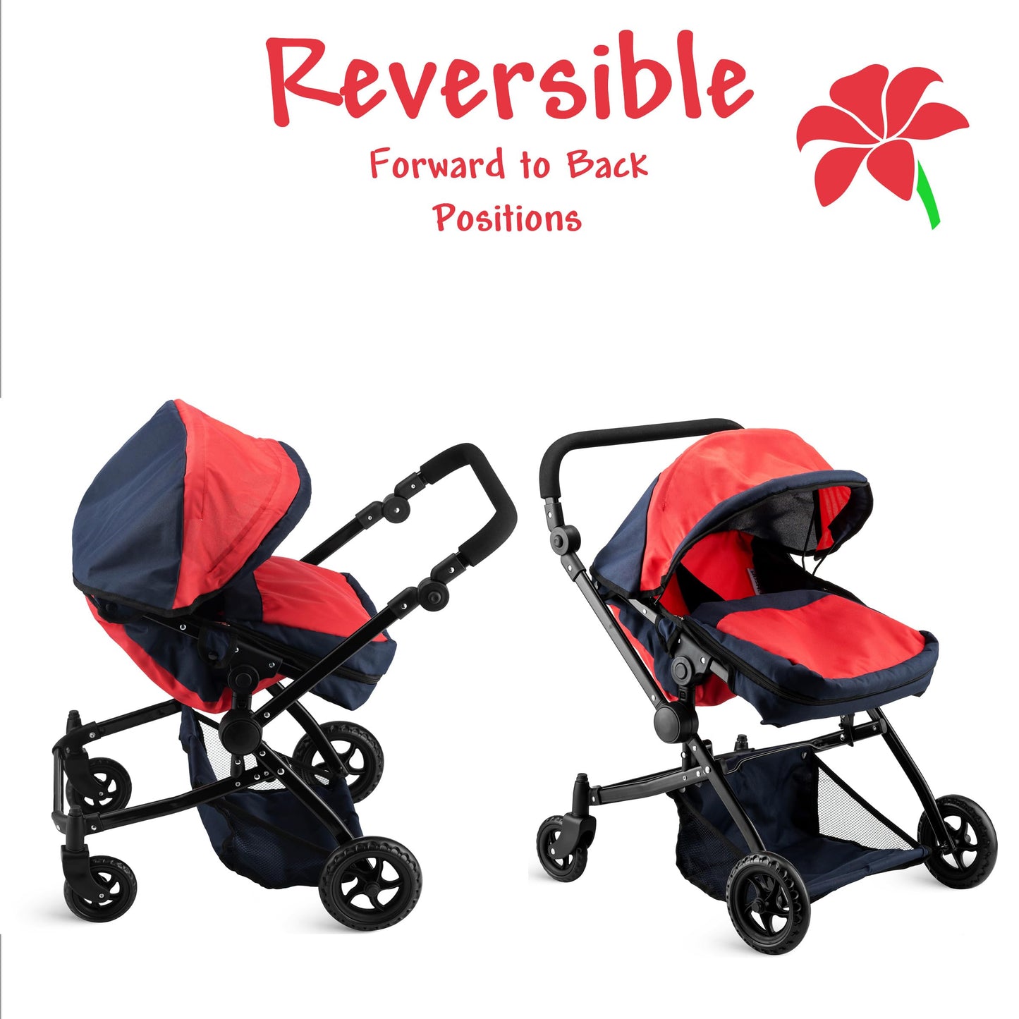 Double Doll Stroller for Twin Baby Dolls - Convertible Seat Toy Stroller for Toddlers 3 Years and up, Adjustable Handle with Storage Basket, Red