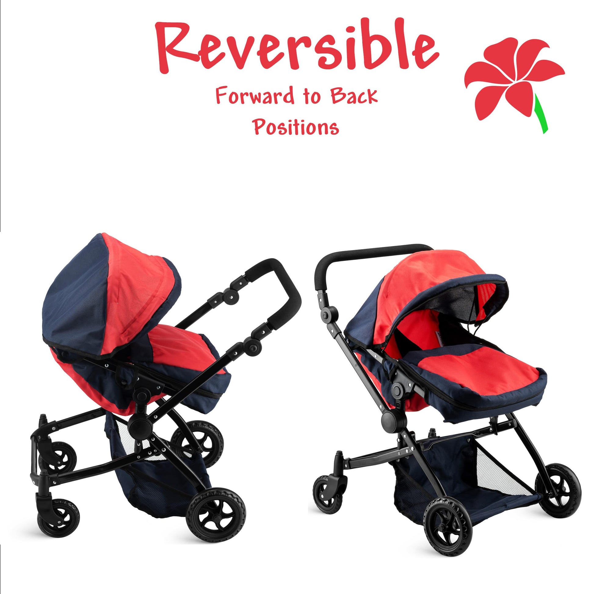 Double Doll Stroller for Twin Baby Dolls - Convertible Seat Toy Stroller for Toddlers 3 Years and up, Adjustable Handle with Storage Basket, Red