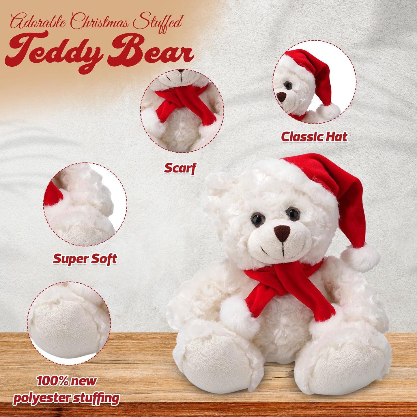 Made By Aliens Soft and Hairy Xmas Santa Teddy Bear with Hat & Scarf- Adorable Christmas Stuffed Teddy Bear Animal - Perfect Holiday Toy Gift for Kids