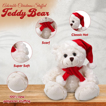Made By Aliens Soft and Hairy Xmas Santa Teddy Bear with Hat & Scarf- Adorable Christmas Stuffed Teddy Bear Animal - Perfect Holiday Toy Gift for Kids