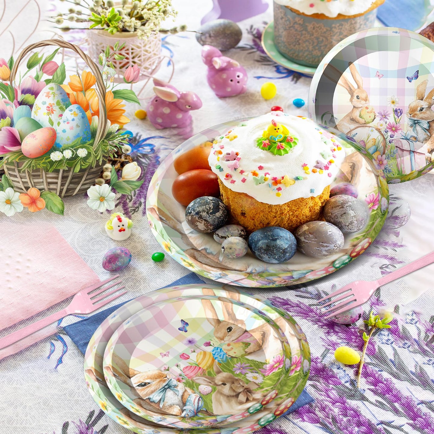 QDIRDEC Easters Party Plates Happy Easters Rabbits Party Tableware Decorations Disposable Easter Plates and Napkins for Kids Spring Birthday