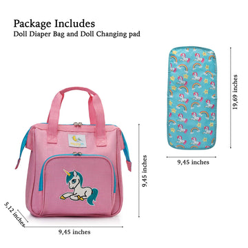 HappyVk- Pink Toy Baby Doll Diaper Bag with Changing Pad - Unicorn Embroidery - Realistic, Spacious & Comfortably Designed for Pretend Play Doll Care