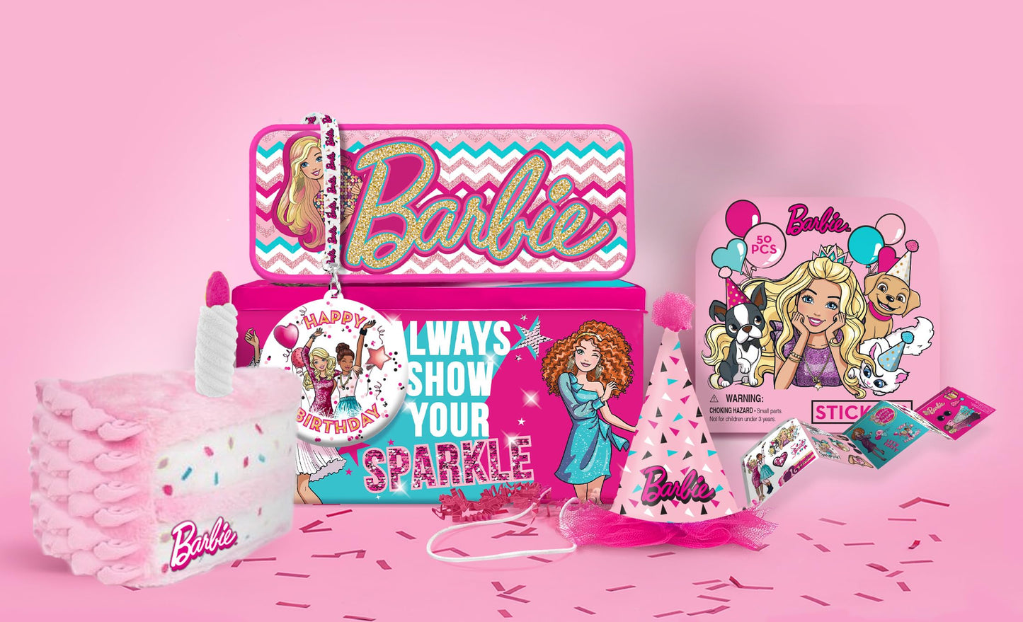 Megatoys Barbie Birthday Party Gift Set - Tin Box, Tin Pencil Case, Stickers, Birthday Necklace, Plush, and Birthday Hat