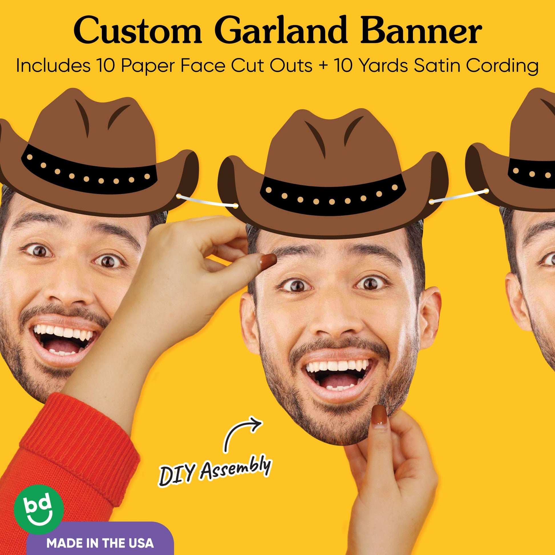 Big Dot of Happiness Custom Western Hoedown Face Cut Out Garland Banner, Personalized Wild West Rodeo Party Decor, 30 Feet of Cord, 10 Cowboy Hat