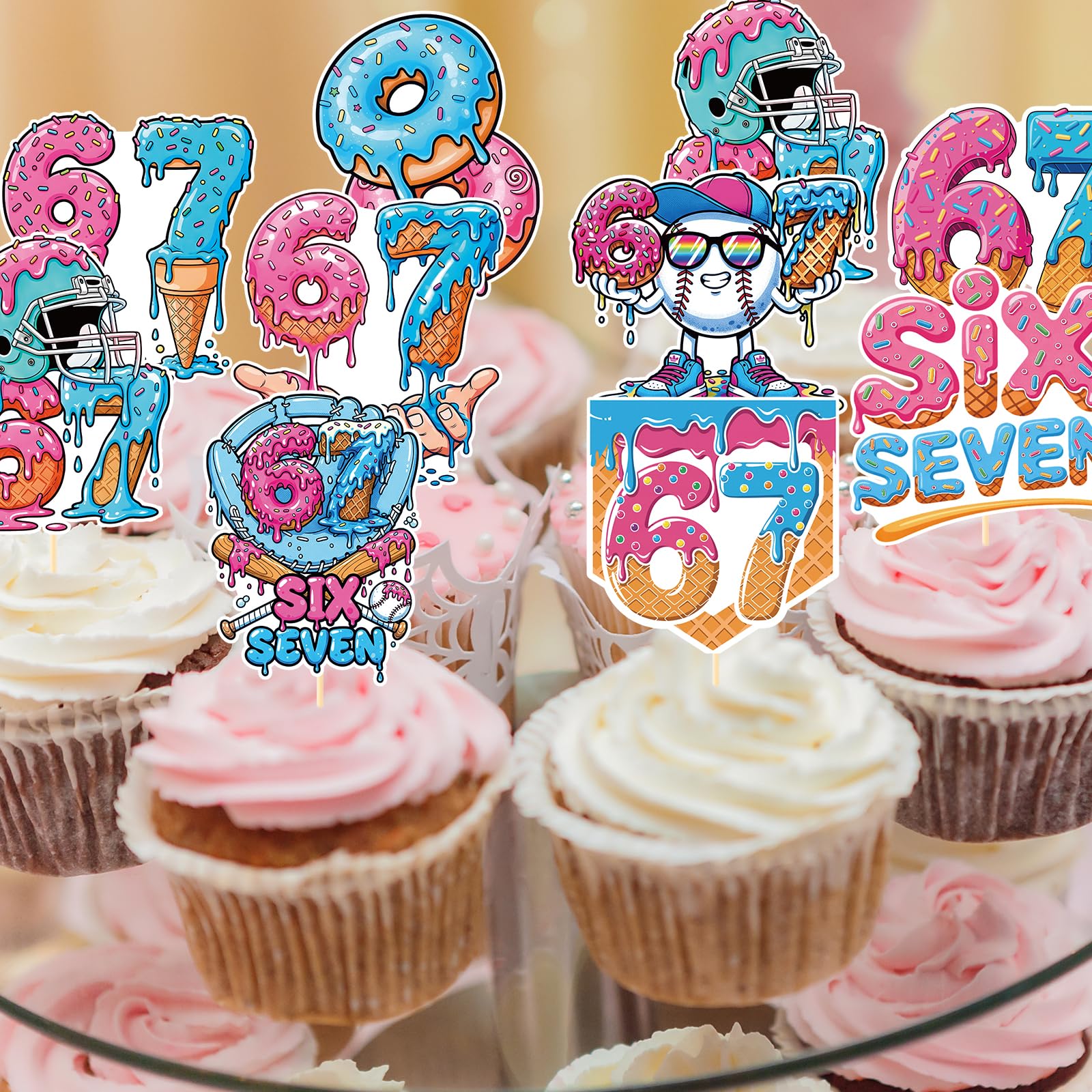 Musaeva 6 7 Birthday Decorations - 36 Pcs 67 Meme Birthday Theme Party Cupcake Toppers Decor, Ice Cream Drip Baseball Cup Cake Toppers Party Supplies