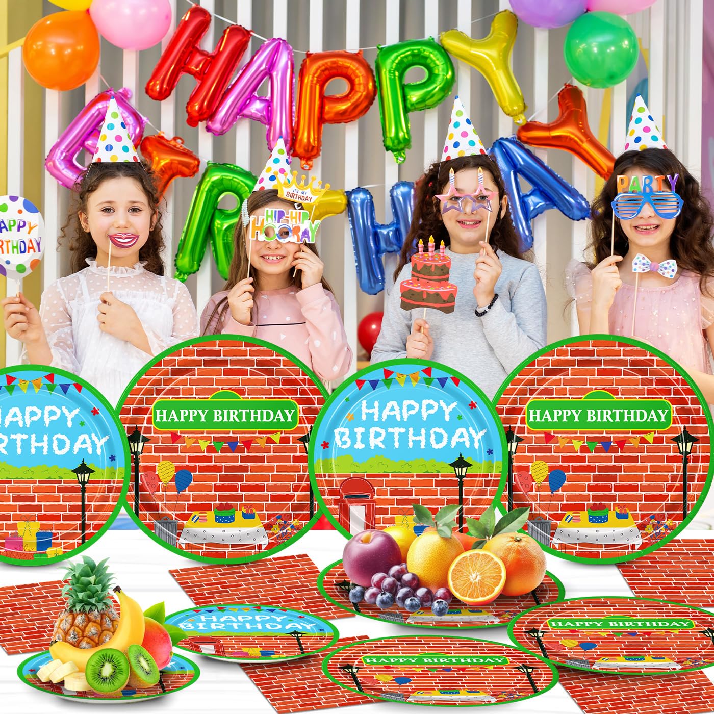 168pcs Red Brick Wall Street Birthday Party Supplies Plates Napkins