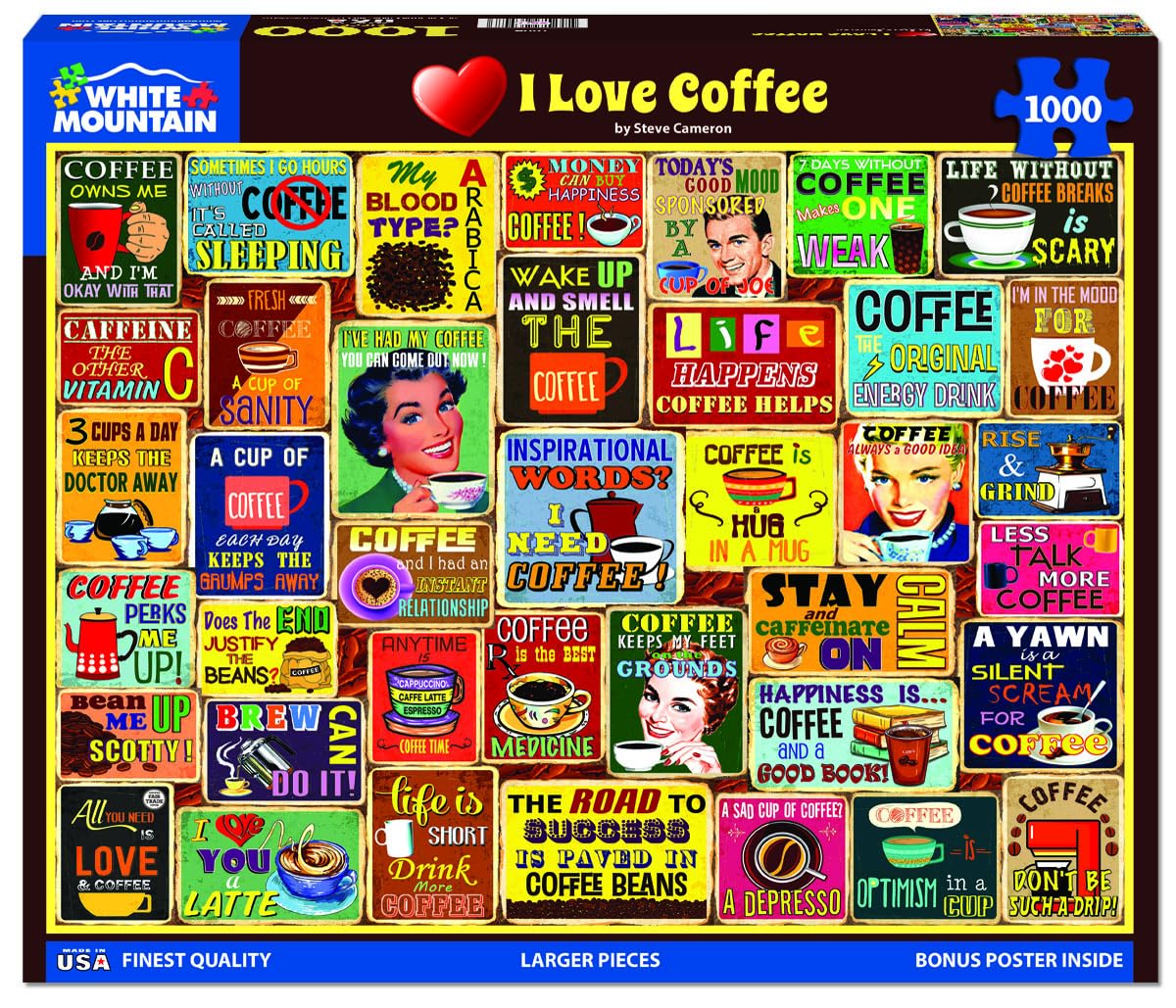 White Mountain 1000 Piece Jigsaw Puzzle Fun Collage 24''x30, I Love Coffee