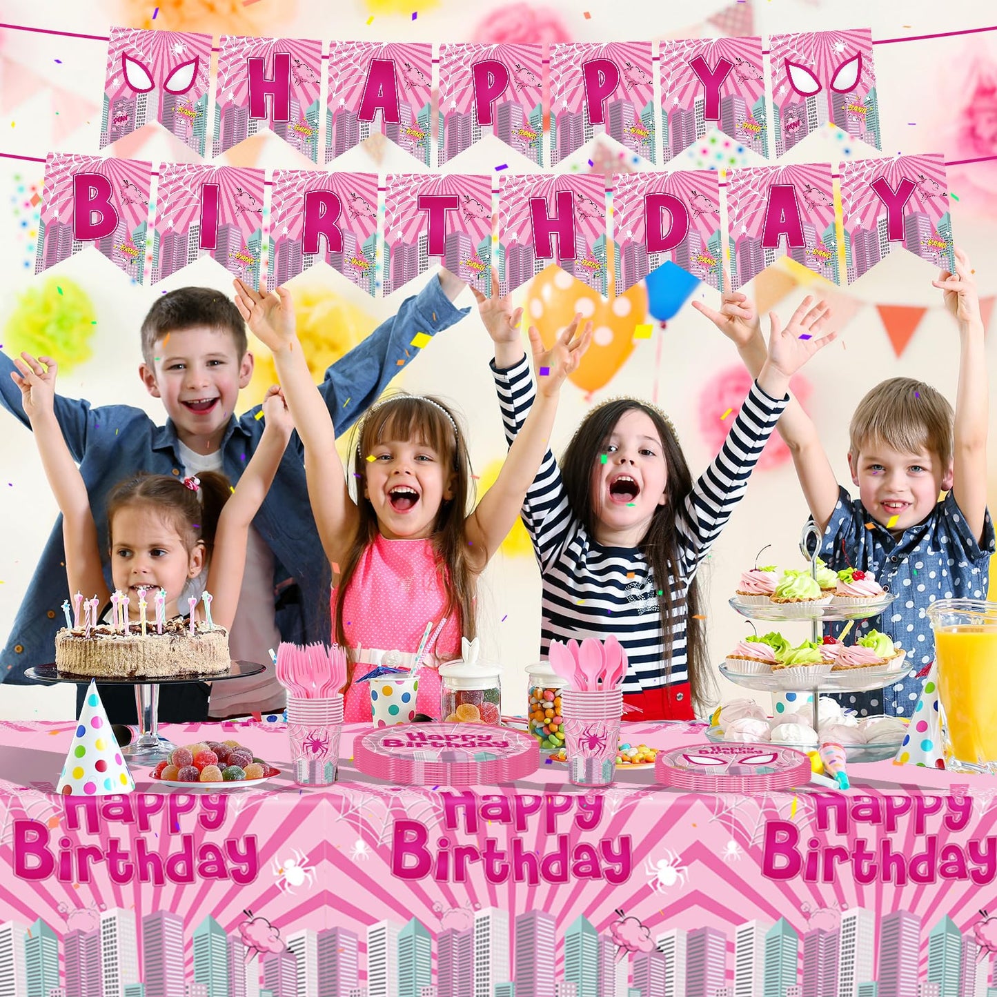 Pnuocax 171pcs Pink Spider Birthday Party Plates Napkins Paper Super Girl Cups Banner Disposable Tablecloth Tableware Set Good for Birthday Party