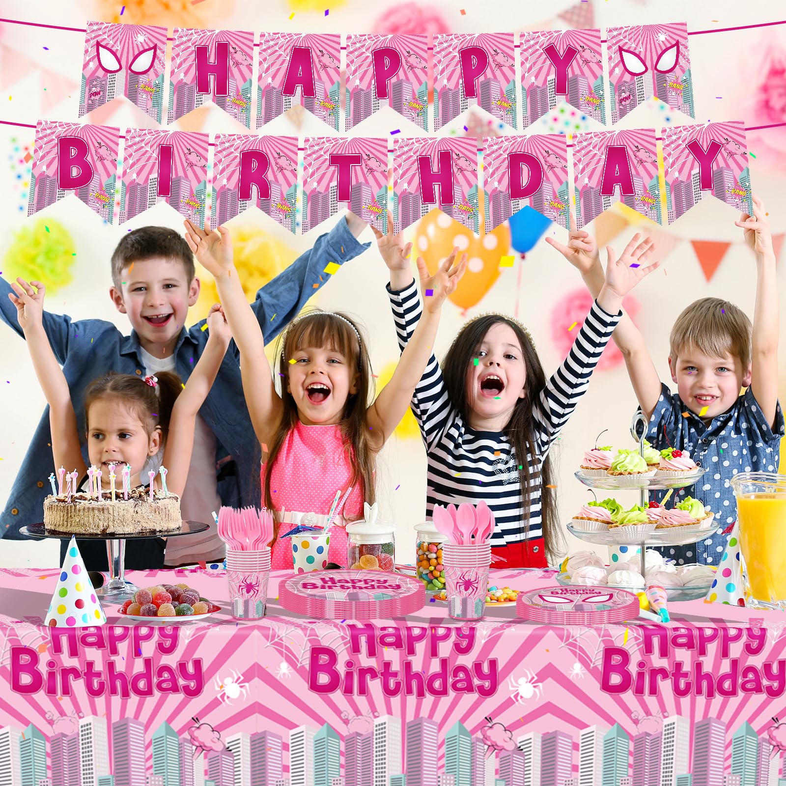 Pnuocax 171pcs Pink Spider Birthday Party Plates Napkins Paper Super Girl Cups Banner Disposable Tablecloth Tableware Set Good for Birthday Party