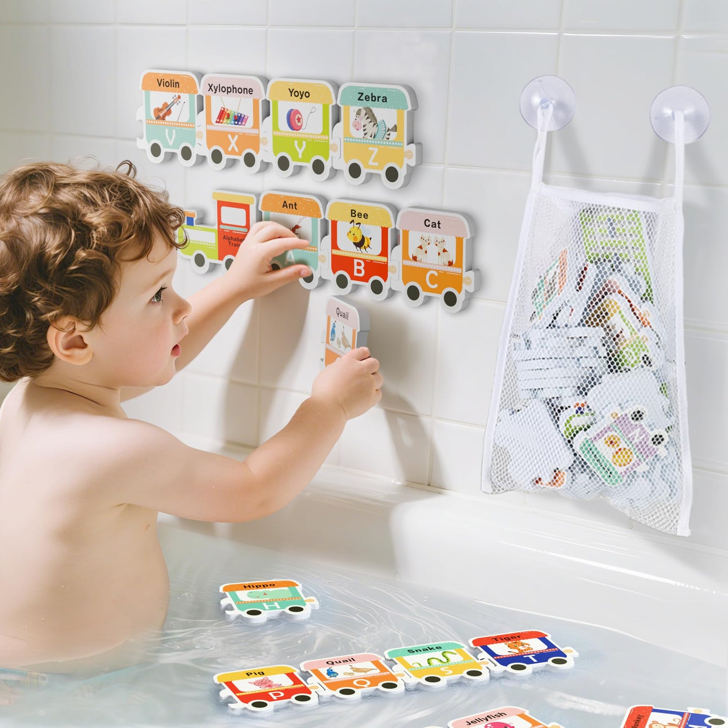 iPlay, iLearn Bath Toy Organizer W/Foam Letters, Toddler Bathtub Toy W/Storage Net, 32 Floating Alphabet Train Puzzle Bathtime Shower Water Play