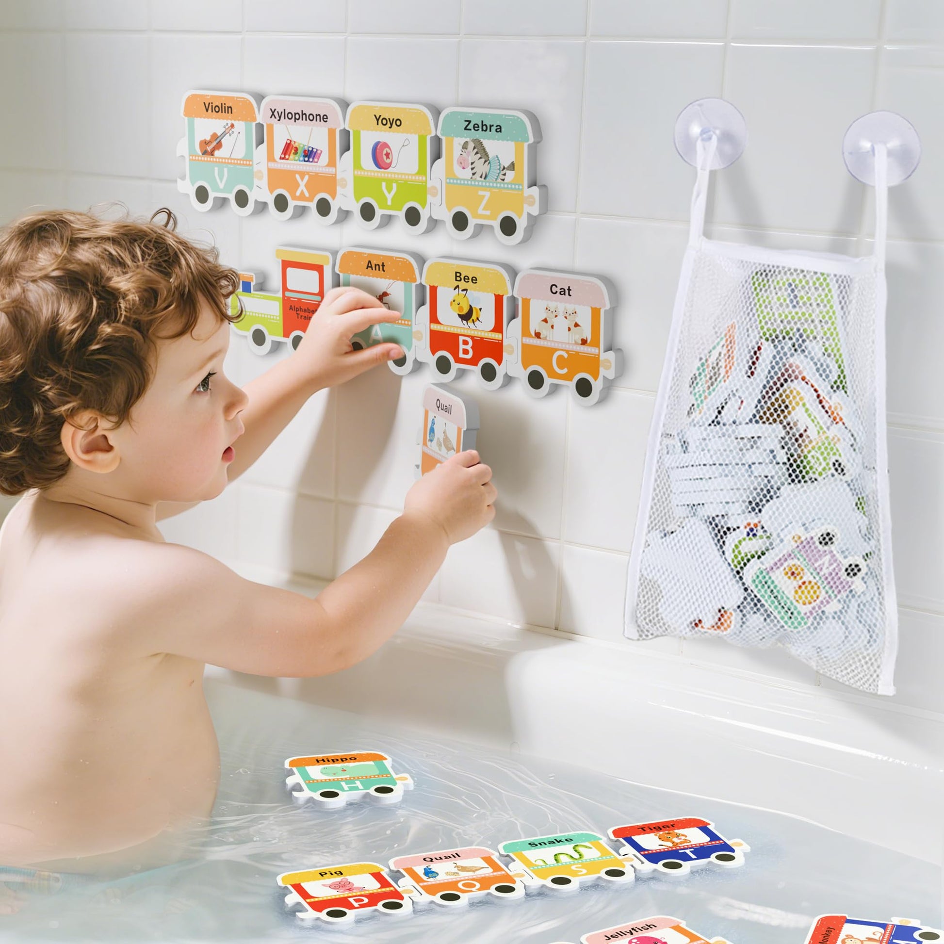 iPlay, iLearn Bath Toy Organizer W/Foam Letters, Toddler Bathtub Toy W/Storage Net, 32 Floating Alphabet Train Puzzle Bathtime Shower Water Play