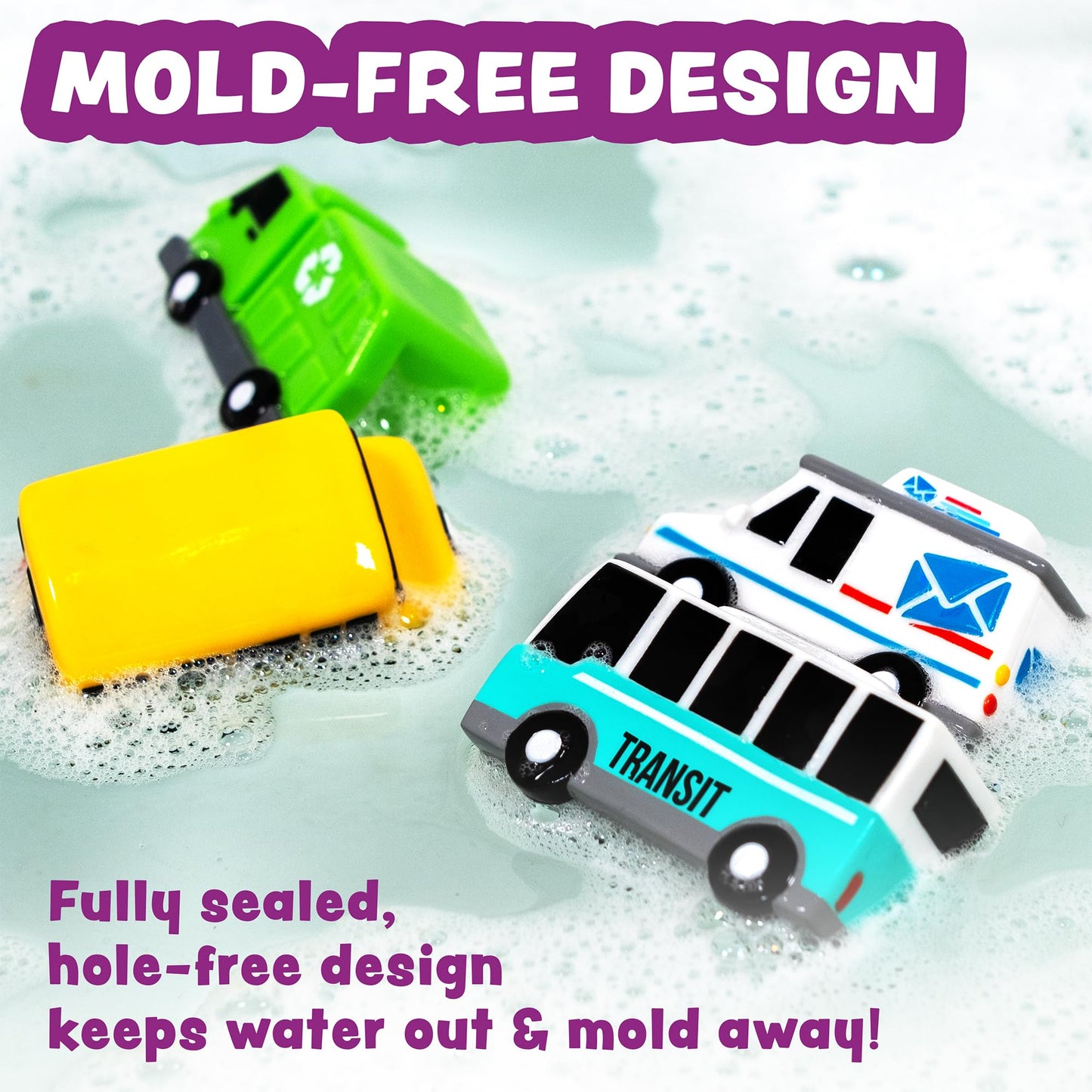 Tub Works® Vehicles™ Bath Cars Mold Free Bath Toys, 6 Pack | Sealed, No Hole Bath Toys Design Keeps Moisture Out | Soft, Squeezable & Float on Water |