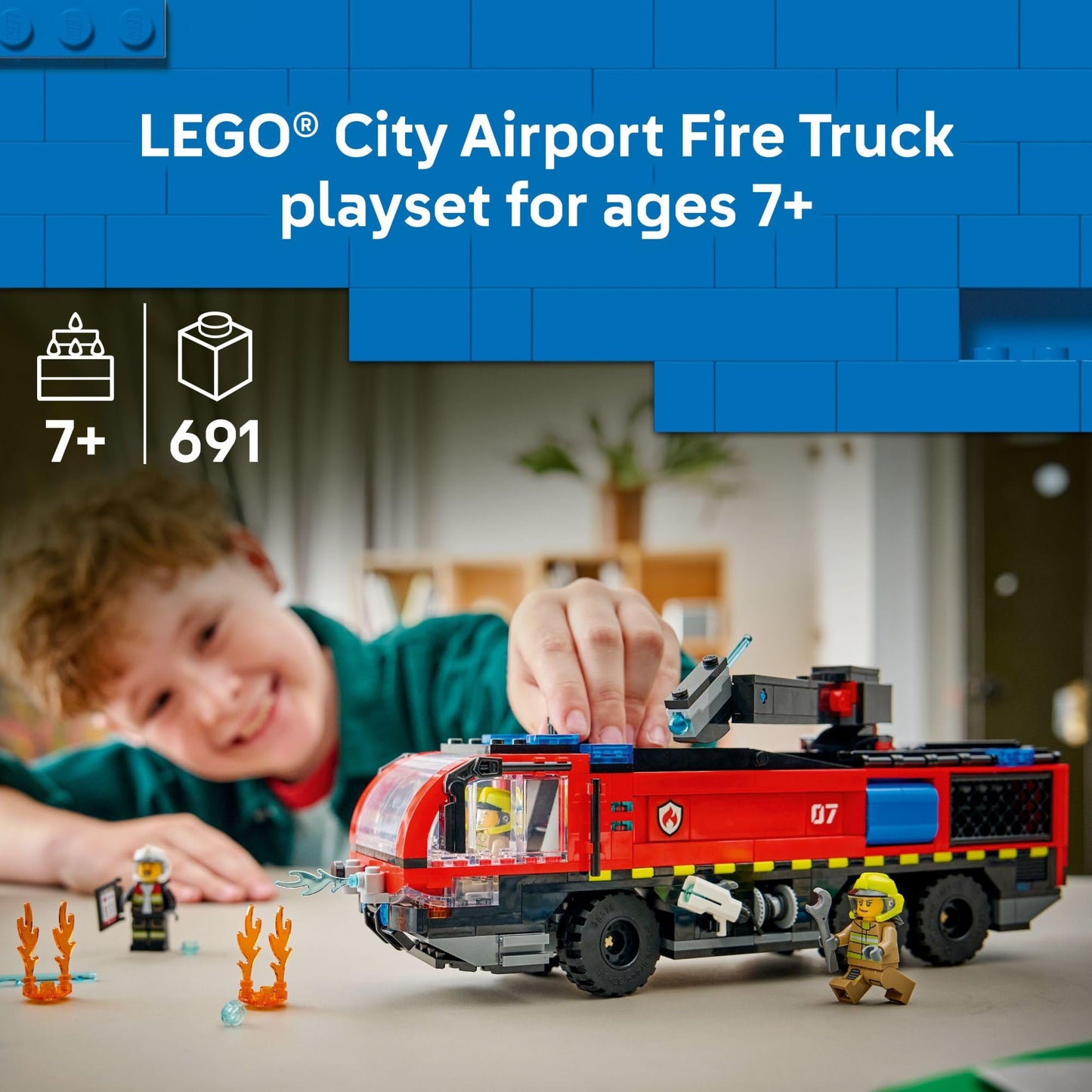 LEGO City Airport Fire Truck Kids Building Toy - Pretend Play Emergency Vehicle for Boys & Girls, Ages 7+ - Fire Engine Toy W/ 4 Firefighter