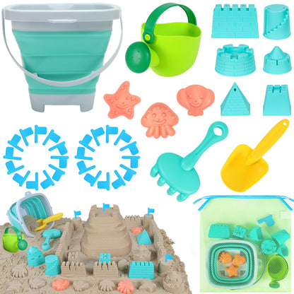 RACPNEL Beach Toys with Collapsible Bucket，Mesh Bag for Kids Ages 3-12