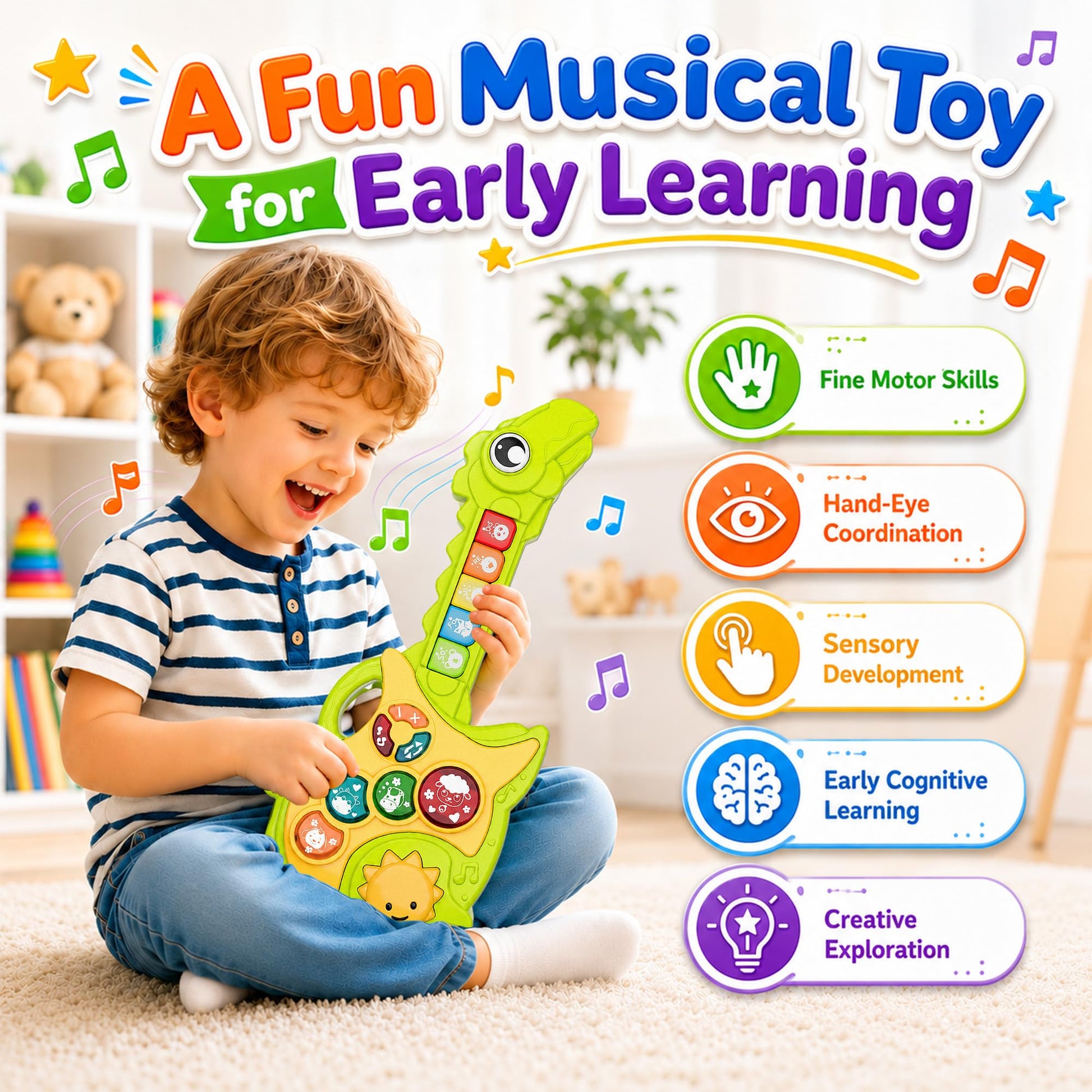 Toys for 1-3Year Old Boy Gift,2-in-1 Electric Guitars,12-18 Month with Spanish Animal Sound and Light Dinosaur Musical Guitar Piano Toys,Learning