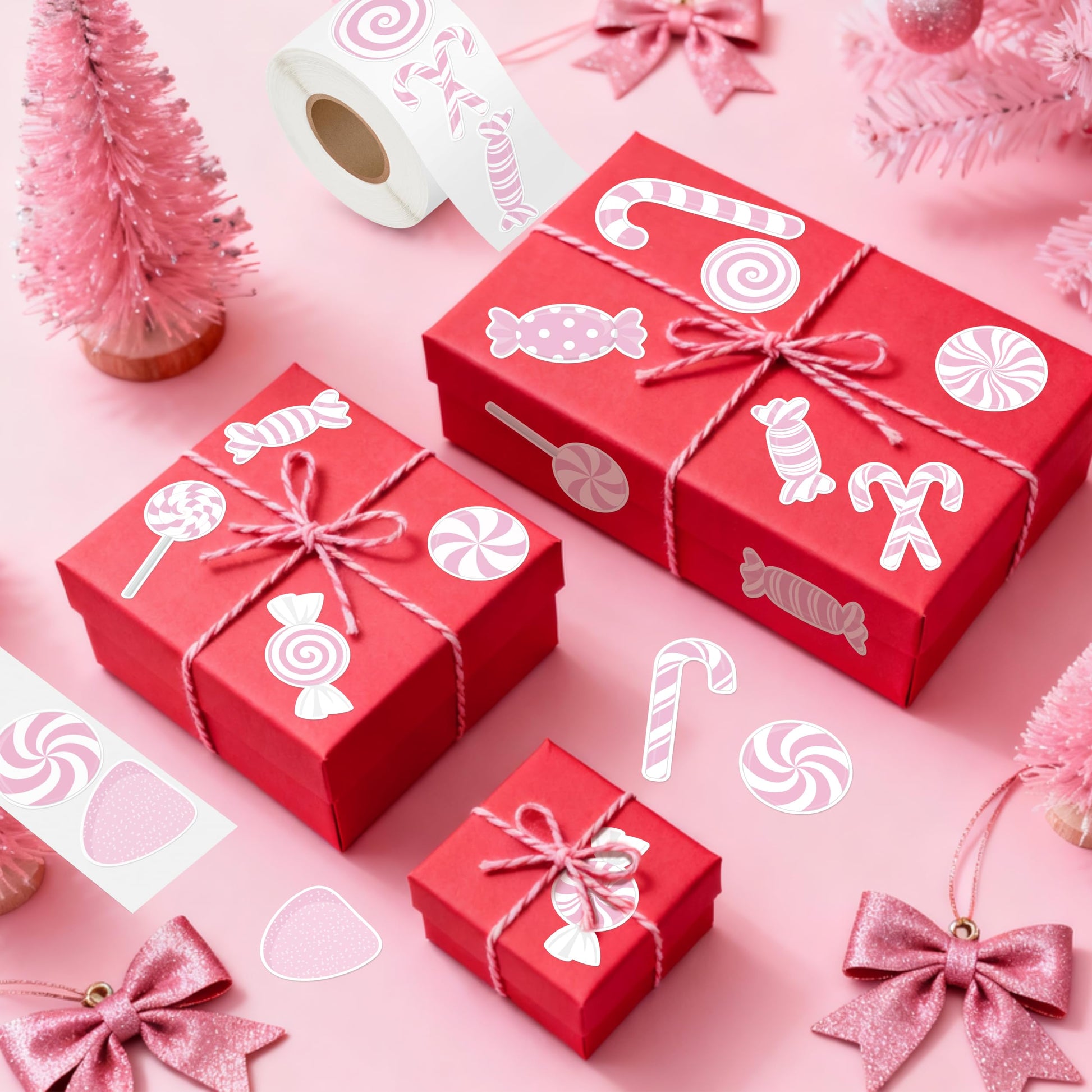 DSjuedui Pink Candy Cane Gumdrop Roll Stickers - 1000Pcs Pink Peppermint Self-Adhesive Decals for Kids, Christmas Joy Candy Theme Stickers for Party