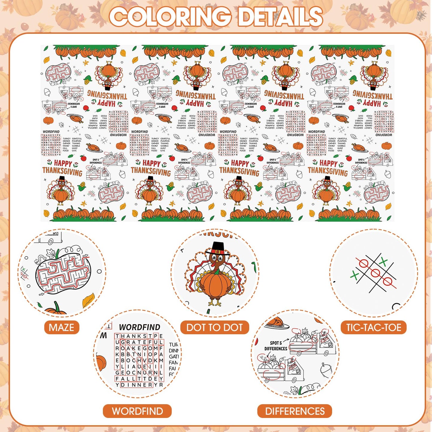 Happy Thanksgiving Coloring Tablecloth for Kids-Giant Thanksgiving Paper Activity Table Cover, Jumbo Fall Turkey Coloring Games Poster Crafts
