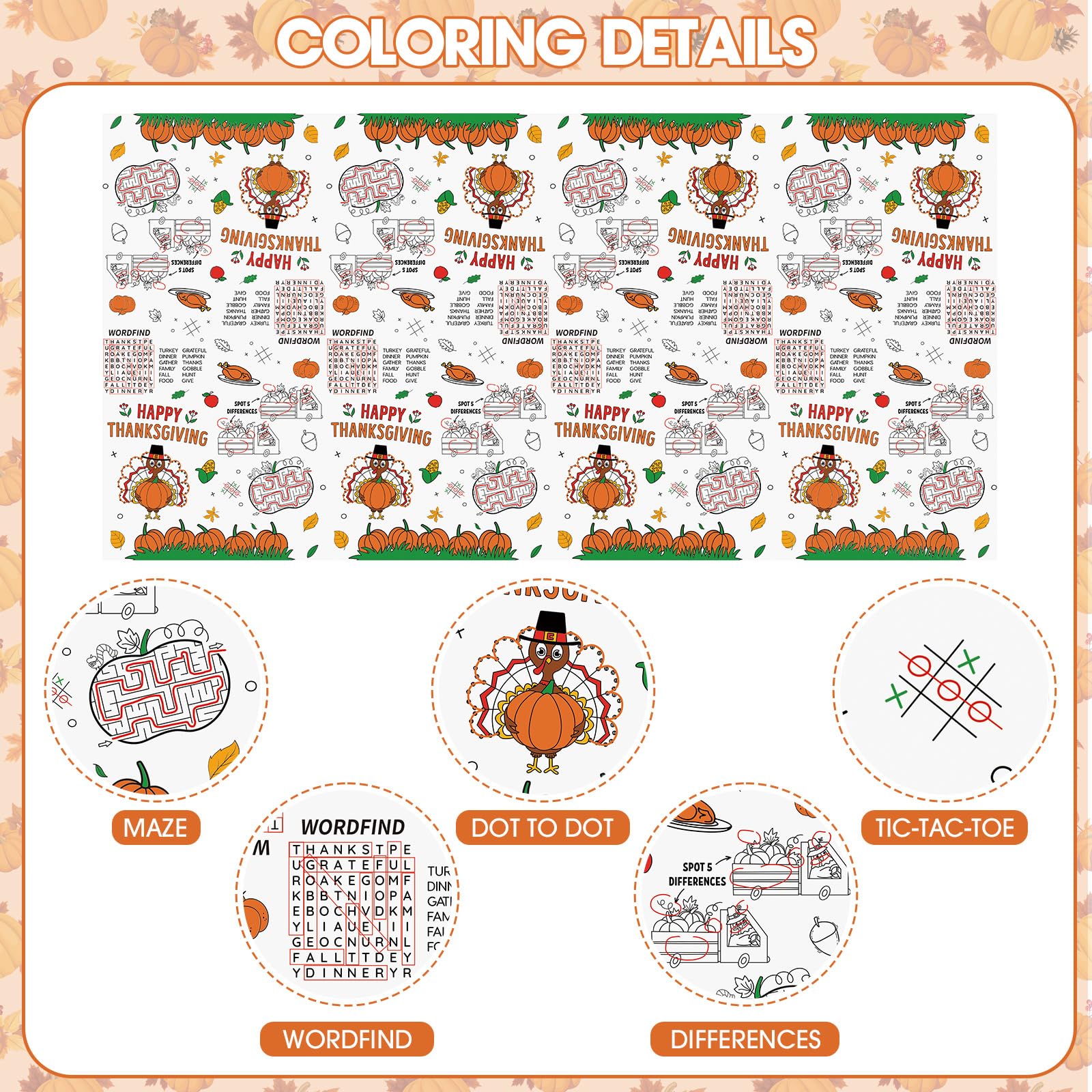 Happy Thanksgiving Coloring Tablecloth for Kids-Giant Thanksgiving Paper Activity Table Cover, Jumbo Fall Turkey Coloring Games Poster Crafts