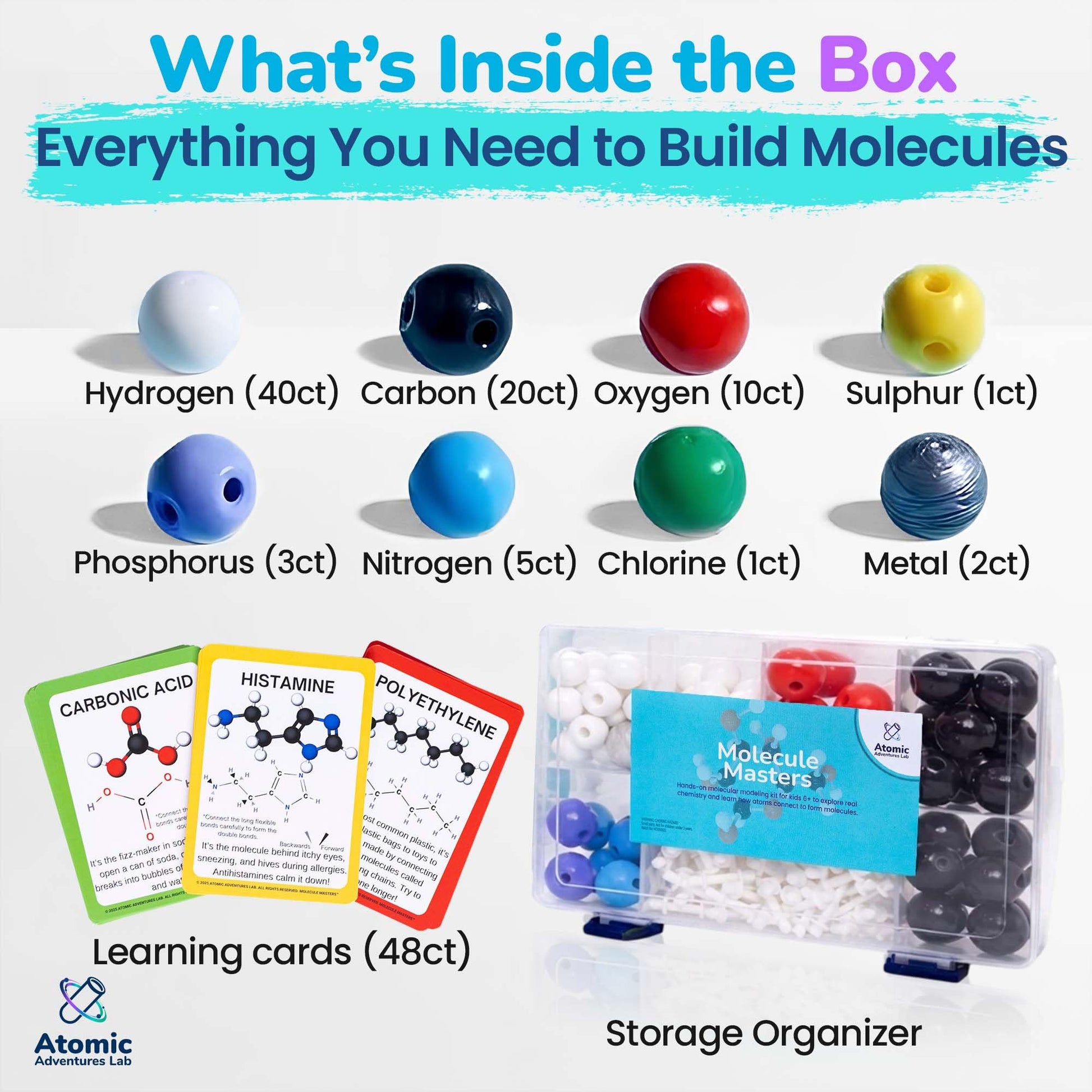 Atomic Adventures Lab Educational Molecule Model Kit for Kids - Organic Chemistry Molecular Model Kit with Guide & STEM Learning Activity Cards