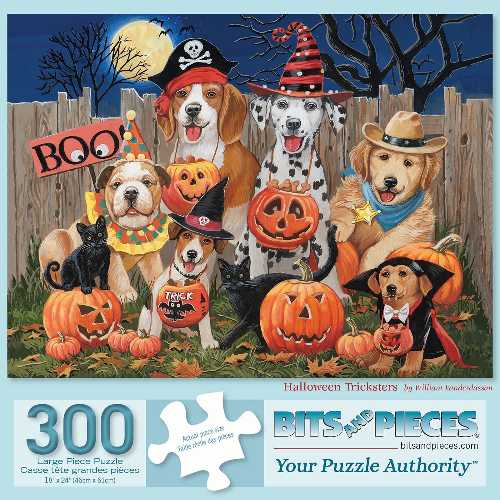Bits and Pieces Jigsaw Puzzle for Adults - Halloween Tricksters by William Vanderdasson - Fall Night Holiday Puzzle with Dogs, Cats, Pumpkins, Moon