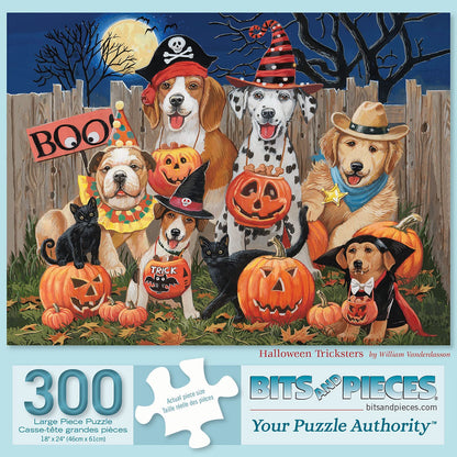 Bits and Pieces Jigsaw Puzzle for Adults - Halloween Tricksters by William Vanderdasson - Fall Night Holiday Puzzle with Dogs, Cats, Pumpkins, Moon