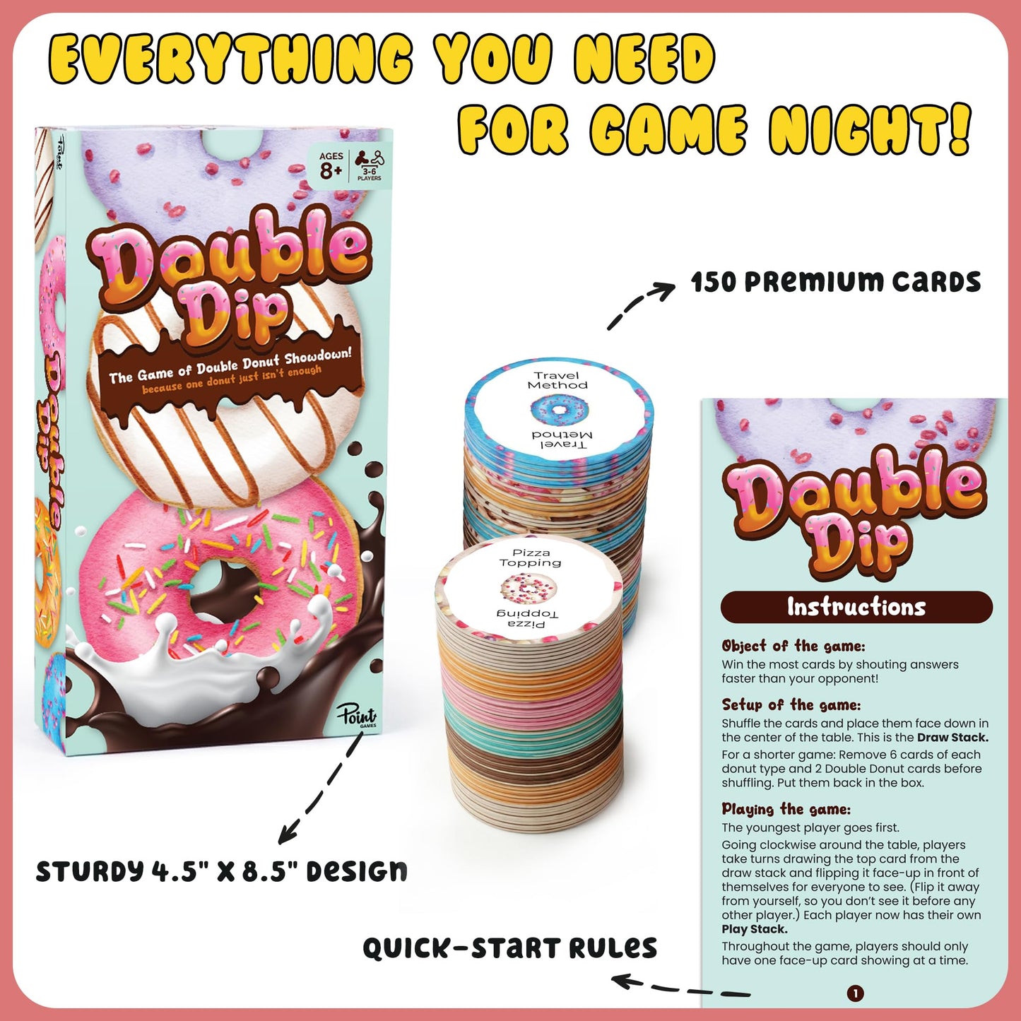 Point Games Double Dip Card Game - Fast-Paced Family Party Game for Kids & Adults - The Double Donut Showdown Word Shouting Game - 150 Cards, 3-6