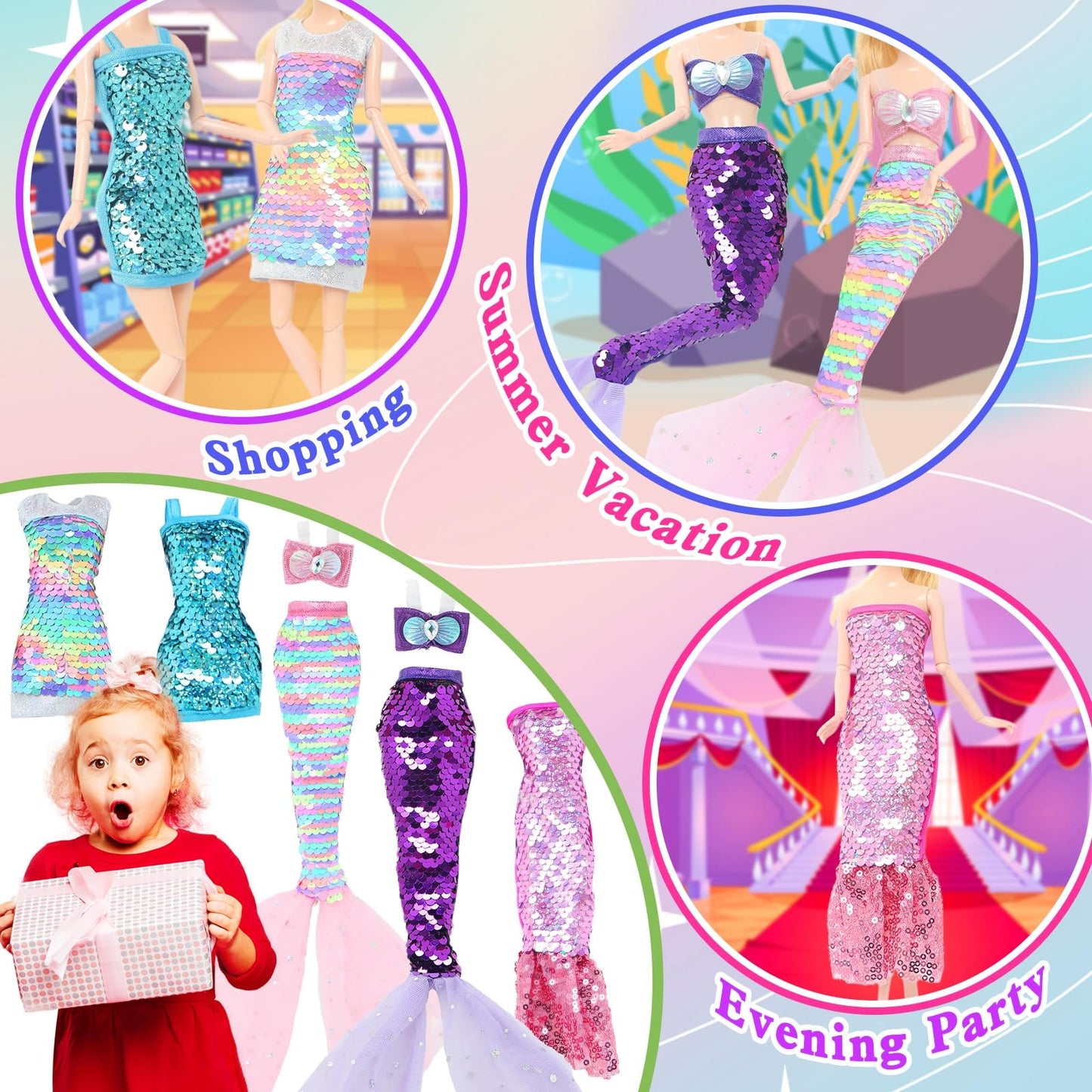 BLIJOLA Doll Clothes 5 Sets Sequins Dresses for 11.5 inch Girl Doll Including 2 Mermaid Clothes Swimwear 1 Evening Dress 2 Casual Dresses Party