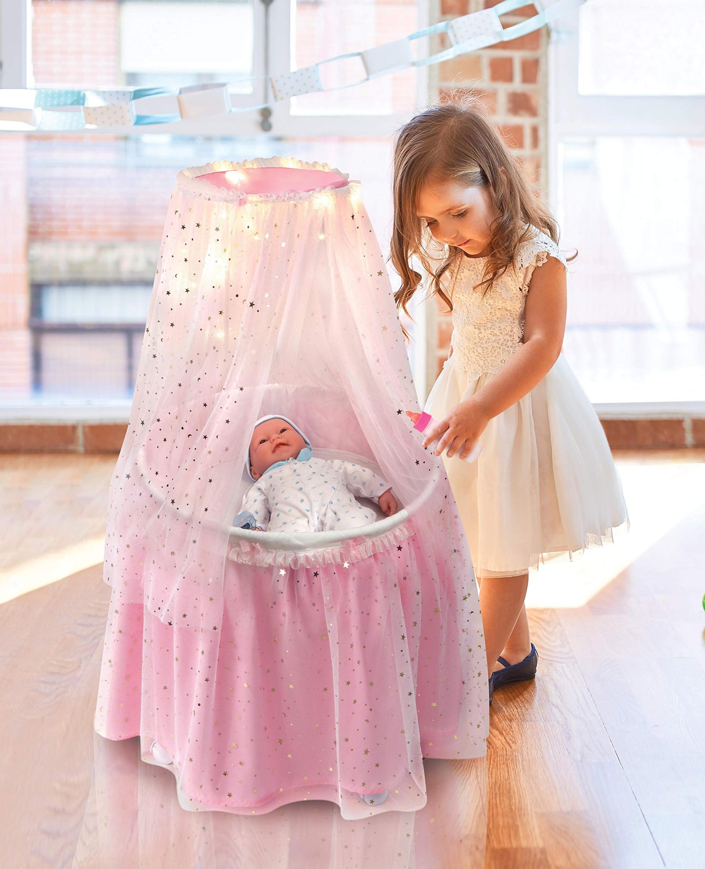 Badger Basket Enchanting Sweet Dreams Round Doll Bassinet with Canopy and LED Lights for 18-Inch Dolls - A Magical Sleeping Space