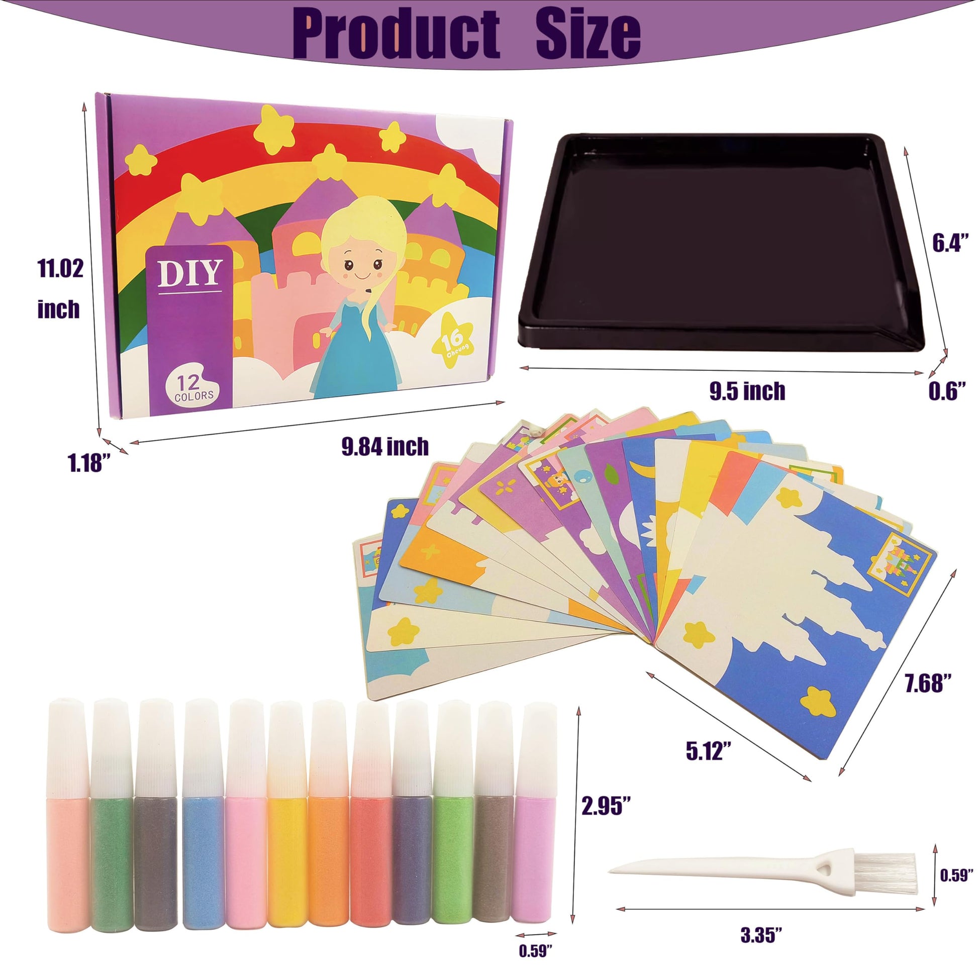 MoimTech Sand Art Kits for Kids,16 Arts and Crafts Designs,Sheet Art Painting Cards,Princess and Castle Theme,Reusable Tray 12 Color Sands