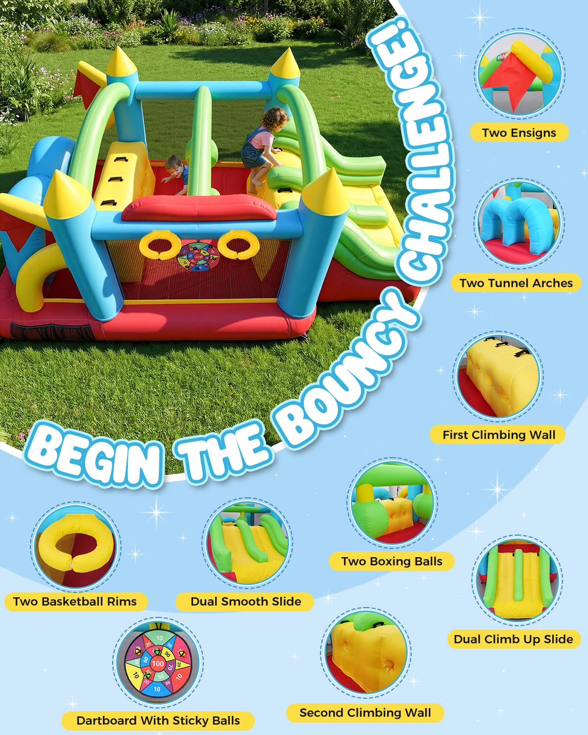 13-in-1 Bounce House Obstacle Course for Kids with Dual Slides, 550W Blower