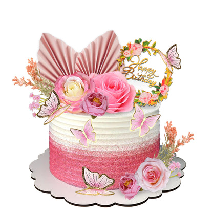 17 PCS Flower Cake Toppers Boho Cake Toppers Butterfly Cake Decorations with Light Artificial Roses Eucalyptus for Wedding Birthday Supplies (Light