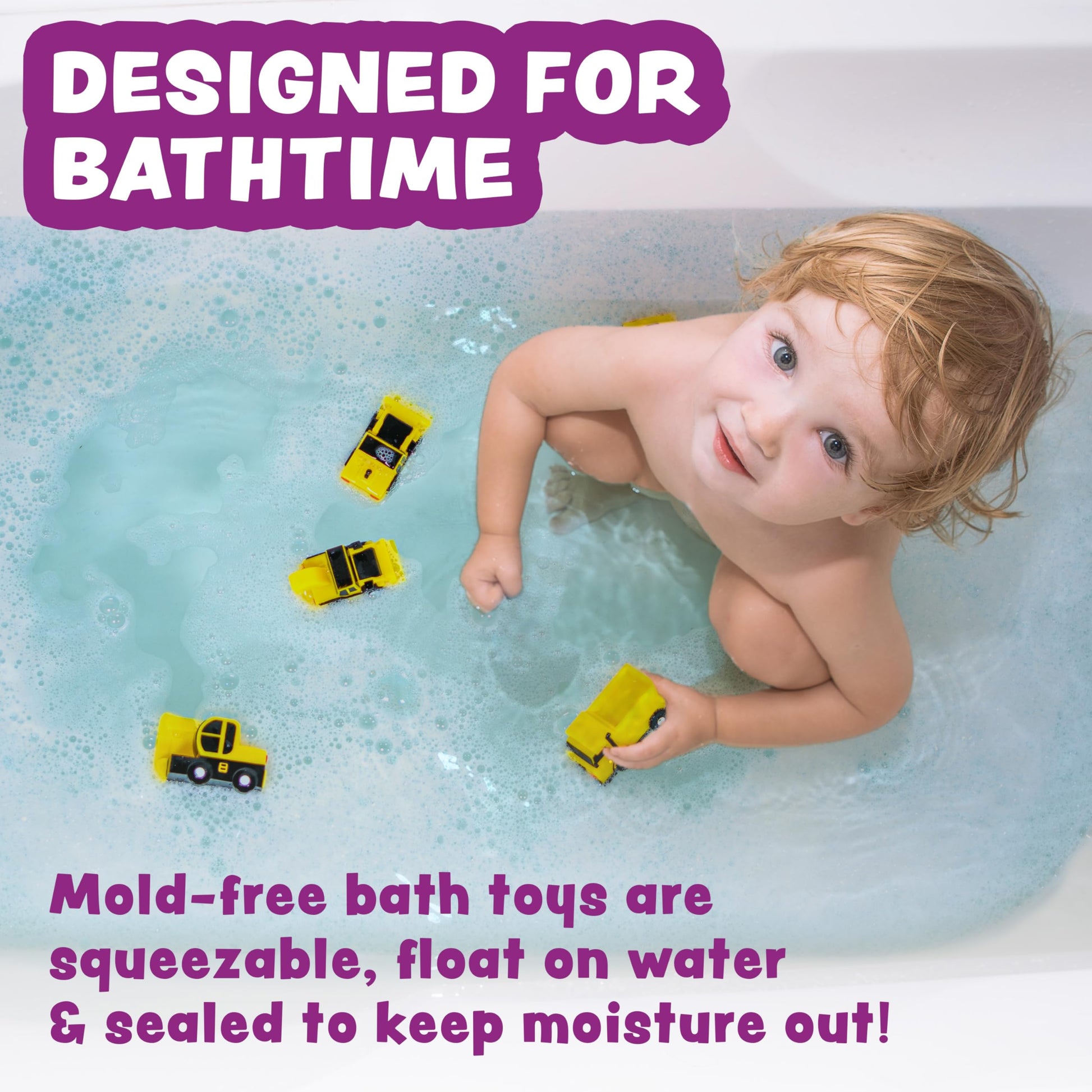 Tub Works® Construction™ Trucks Mold Free Bath Toys, 6 Pack | Sealed, No Hole Bath Toys Design Keeps Moisture Out | Soft, Squeezable & Float on Water