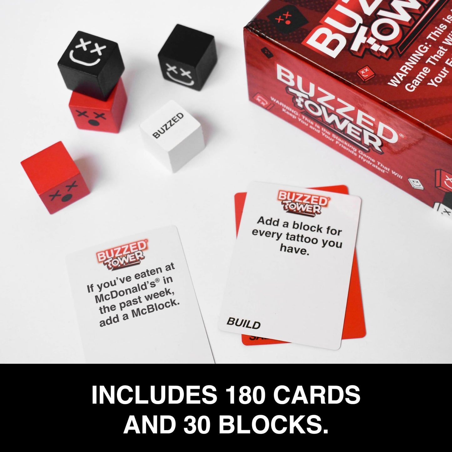 WHAT DO YOU MEME? Buzzed Tower: The Stack-and-Sip Drinking Card Game for Adults - Includes 30 Blocks, 80 Cards, and Big Laughs for Parties, Game
