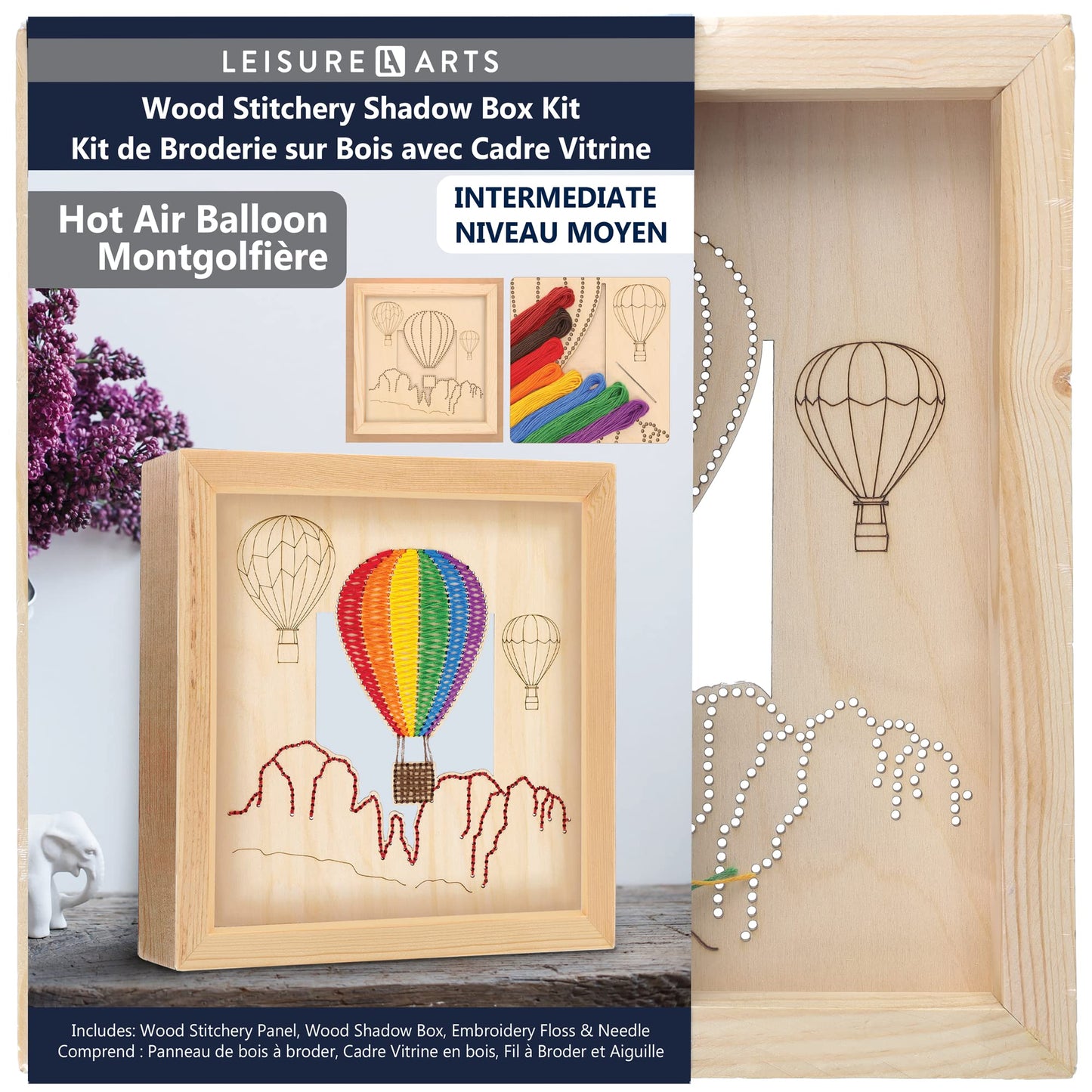 LEISURE ARTS Wood Stitched String Art Kit with Shadow Box Hot Air Balloon - Adult Or Kids Craft - Craft Kits for Teens String Art Kit for Adults 3D 3D