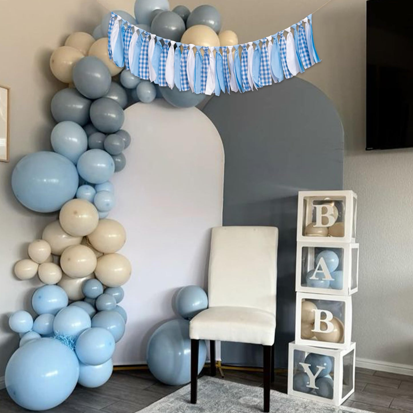 SOLUXIKA Blue and White Gingham Banner/Garland - First Birthday High Chair Banner,Gingham Garland For Baby Shower,Wall Hanging, Nursery Decor,Party