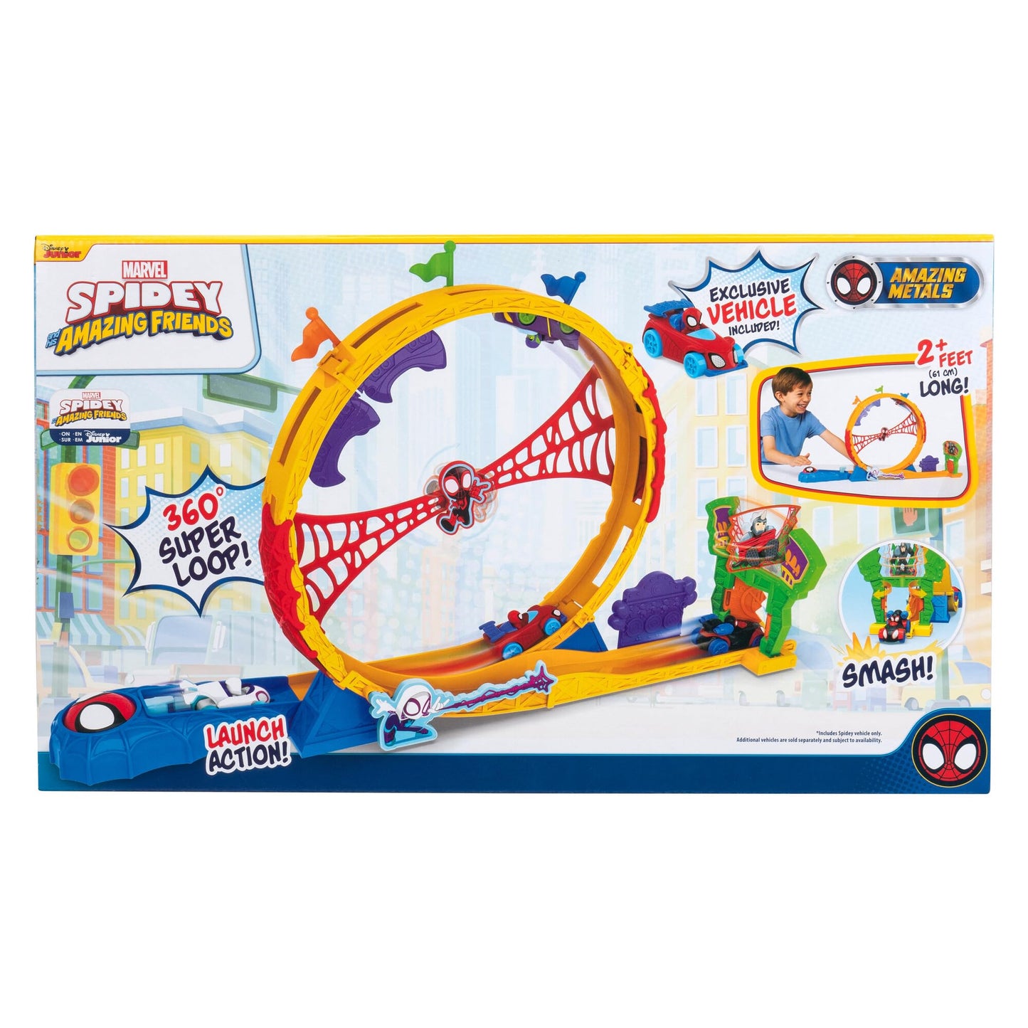 Marvel Spidey and His Amazing Friends Amazing Metals Super Loop Track Set - 28-Inch Race Track with Launcher, 360 Degree Super Loop, and Exclusive
