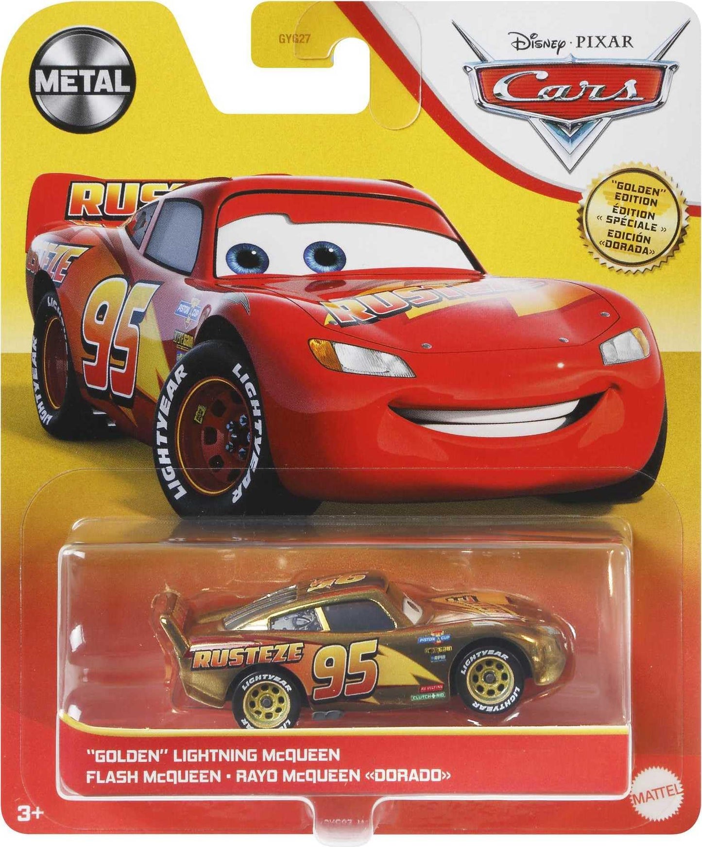 Disney Cars Golden Die-Cast Lightning McQueen 1:55Scale Movie Character for Racing and Storytelling Fun, Gift for Kids Age 3 Years and Older