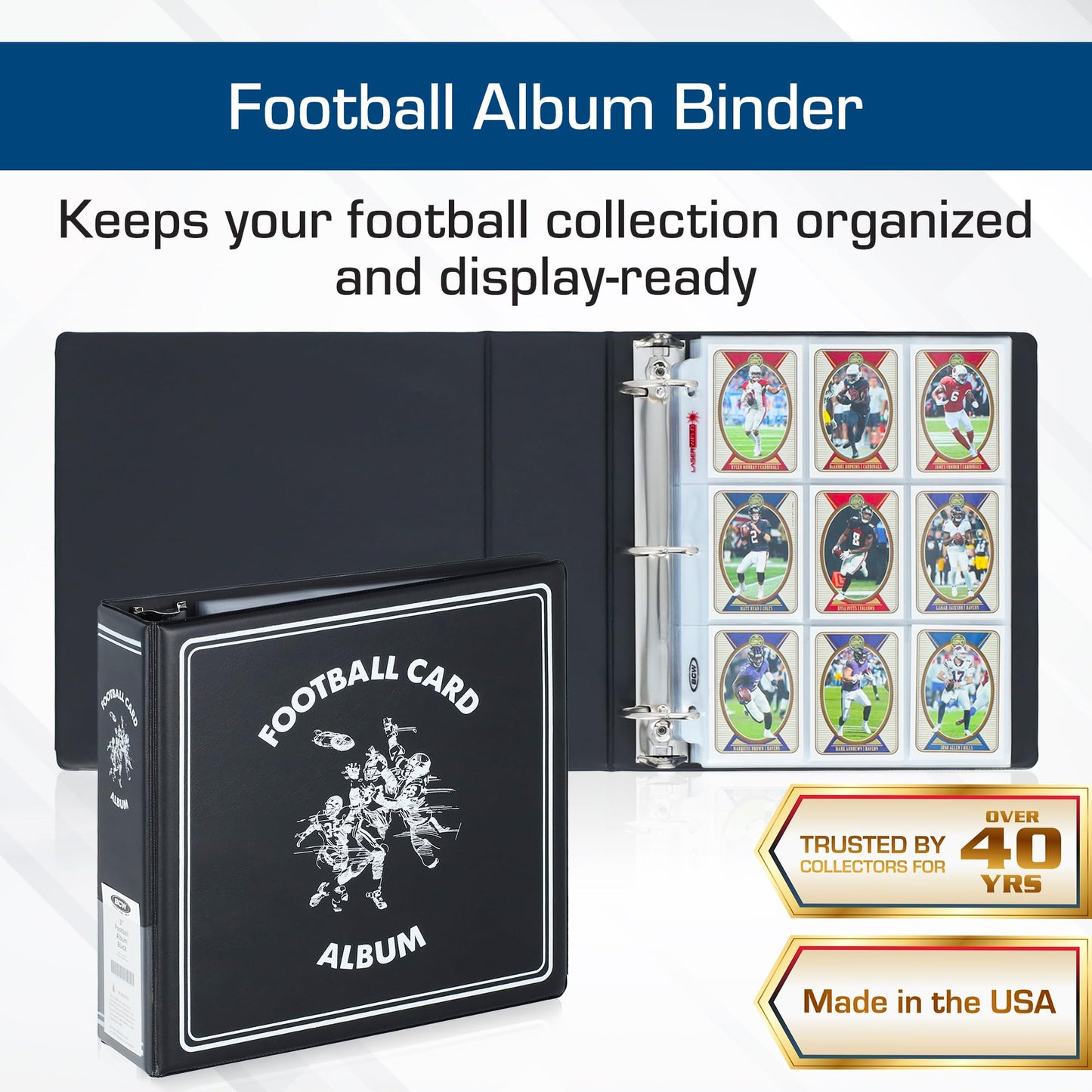 BCW 3-Inch D-Ring Football Trading Card Binder - Black | Holds 90 Pages | Heavy Duty Durable Design Football Card Binder | 1 ct