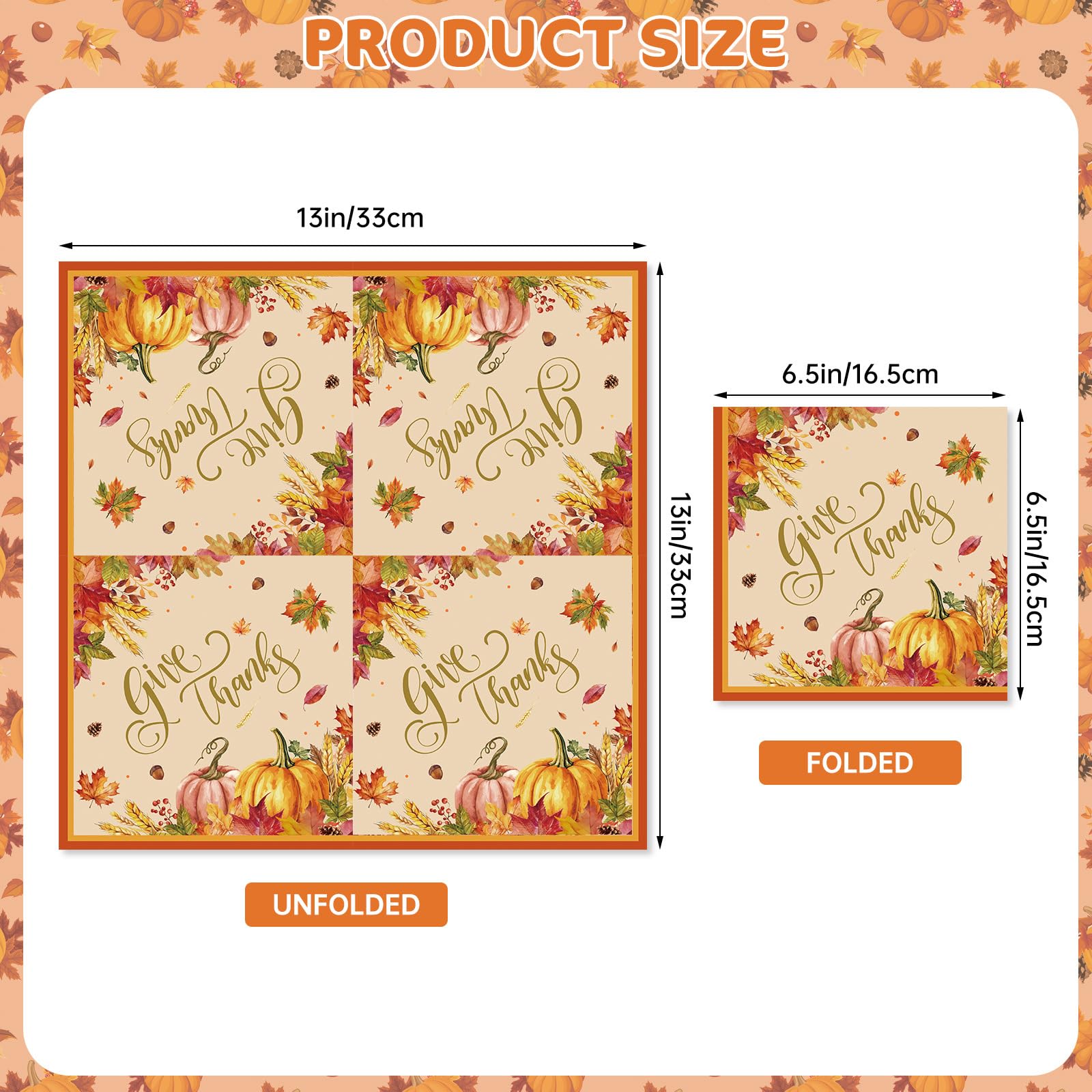 40 Pcs Thanksgiving Napkins 13 x 13 Inches - Fall Give Thanks Napkin, 3-Ply Pumpkin Maple Leaf Cocktail Disposable Paper Napkins Tableware Set