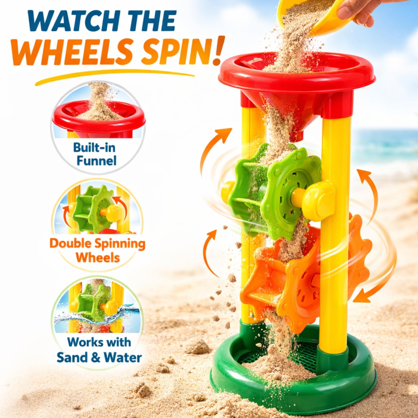 Liberty Imports Double Sand & Water Wheel Tower Beach Toy Set w/Built-in Funnel, Sieve, Bucket, Shovel, Rake, Animal Molds for Kids, Toddlers Play
